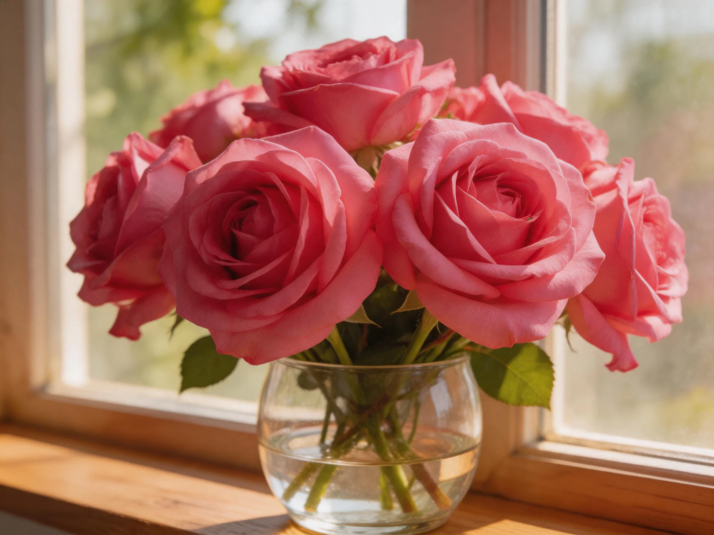 A bouquet of pink roses in a clear glass vase by a window
