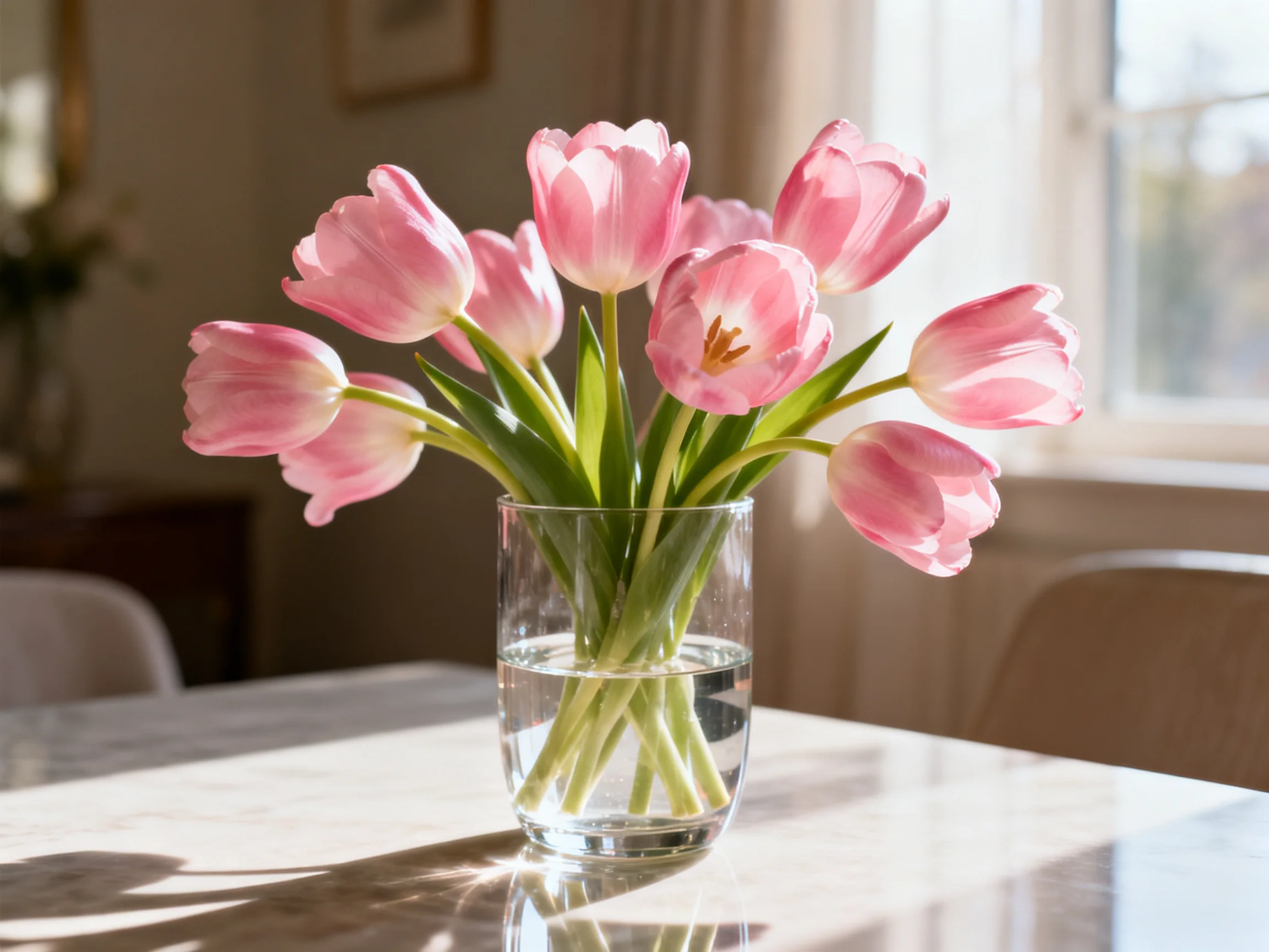 A bouquet of pink tulips arranged in a clear glass vase