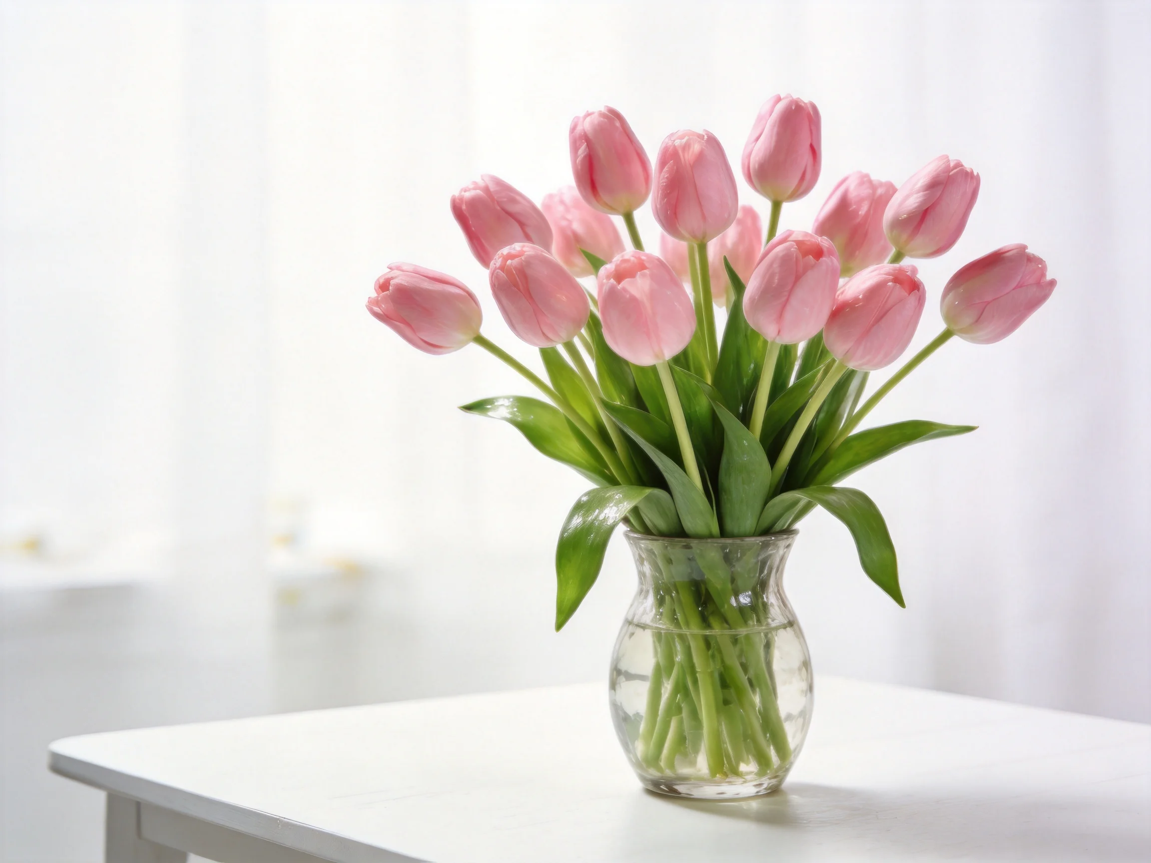 A bouquet of pink tulips arranged in a clear glass vase on a white table
