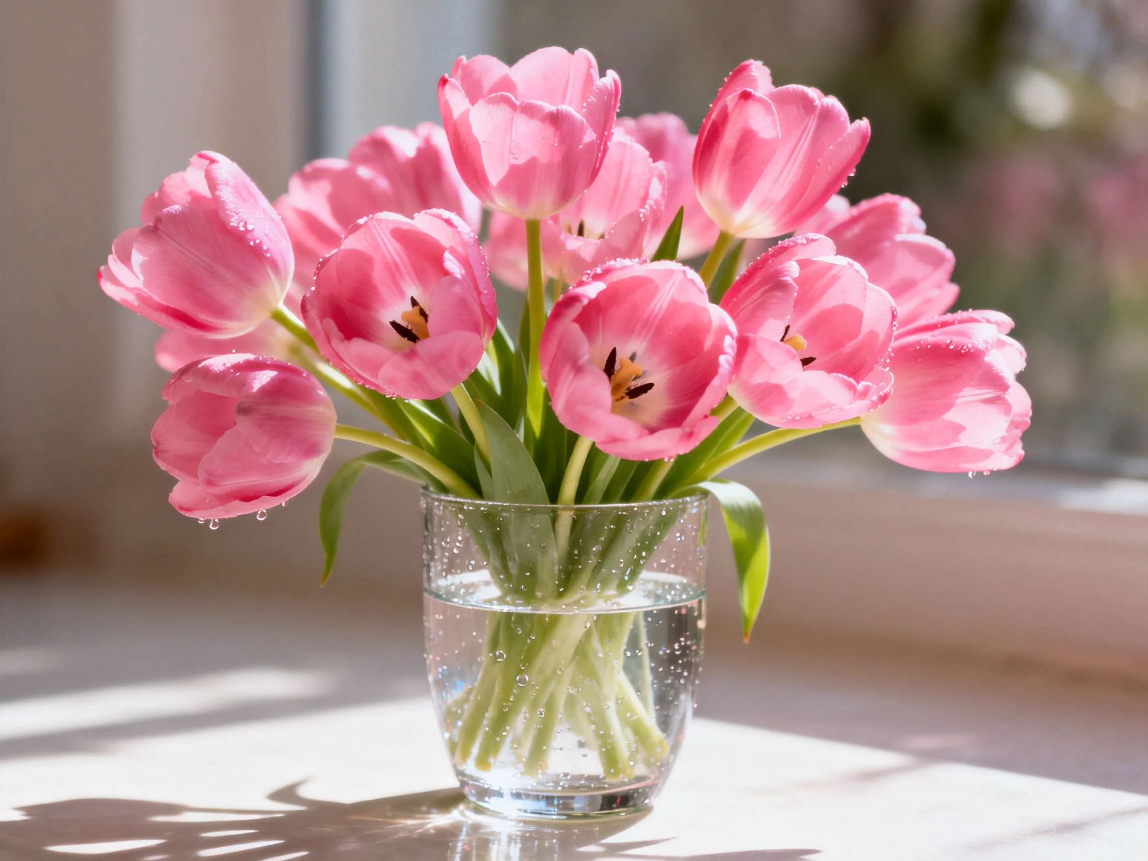 A bouquet of pink tulips arranged in a clear glass vase