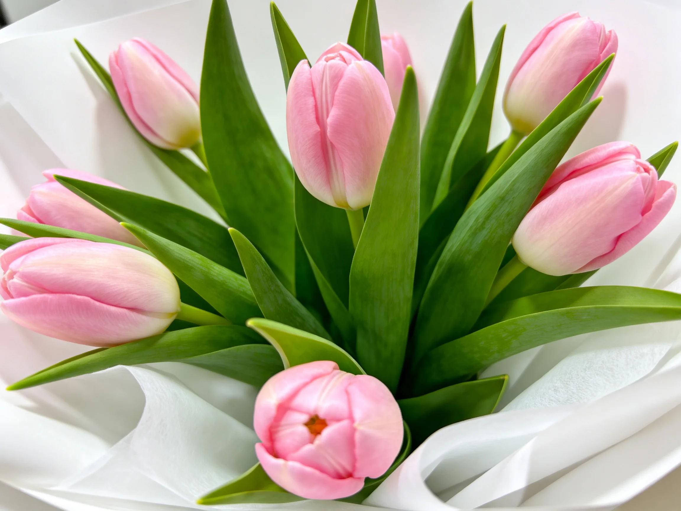 A bouquet of pink tulips with lush green foliage