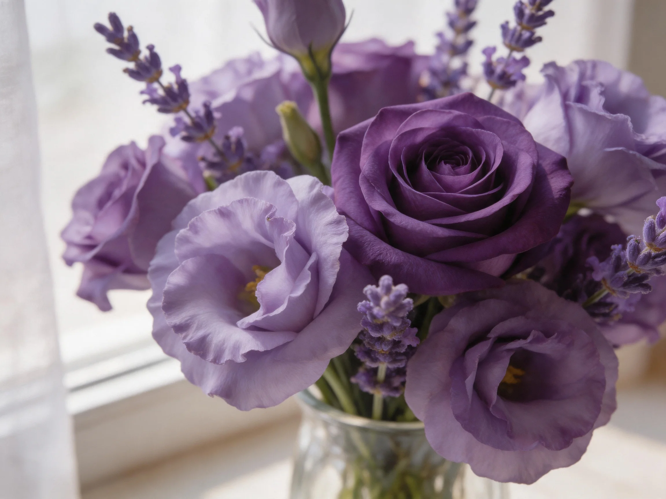 A bouquet of purple roses and lisianthus near a window