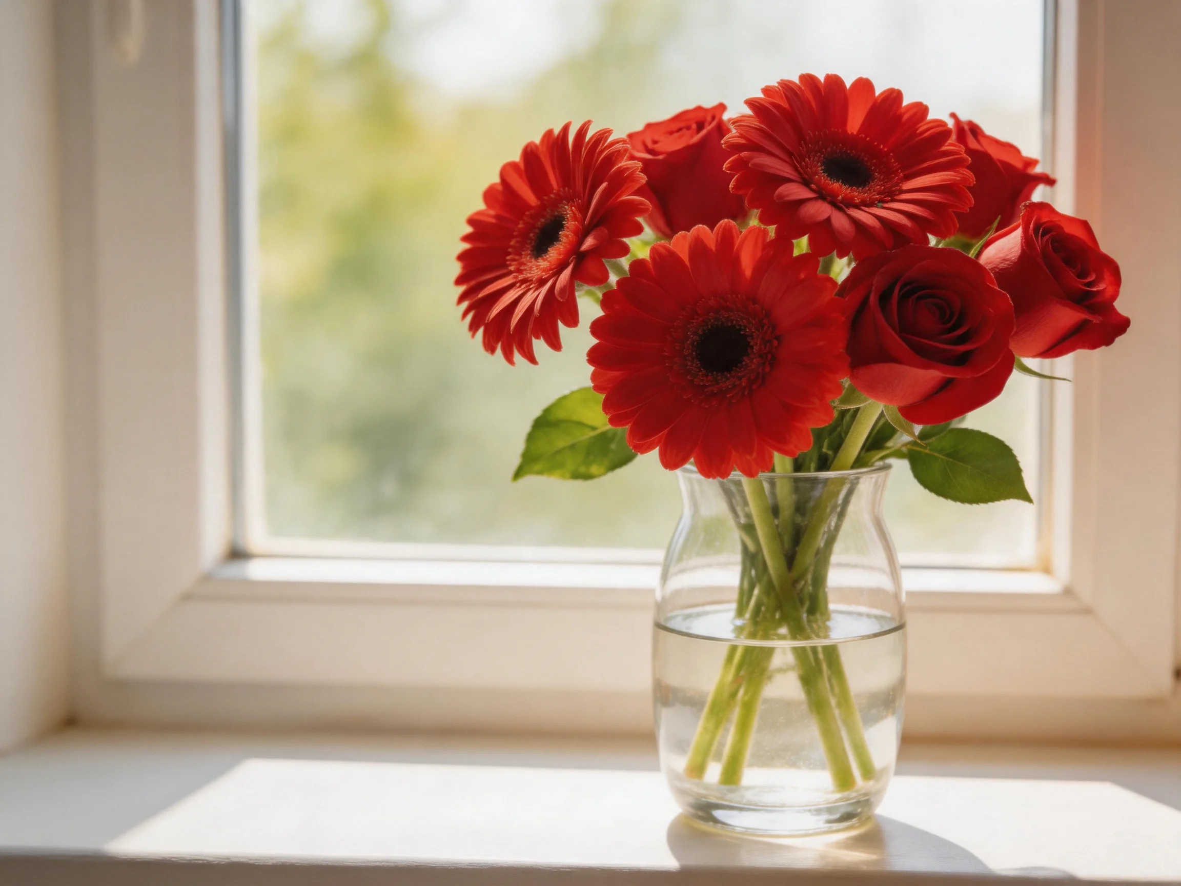 A bouquet of red gerbera daisies and roses in a clear glass vase by a bright window
