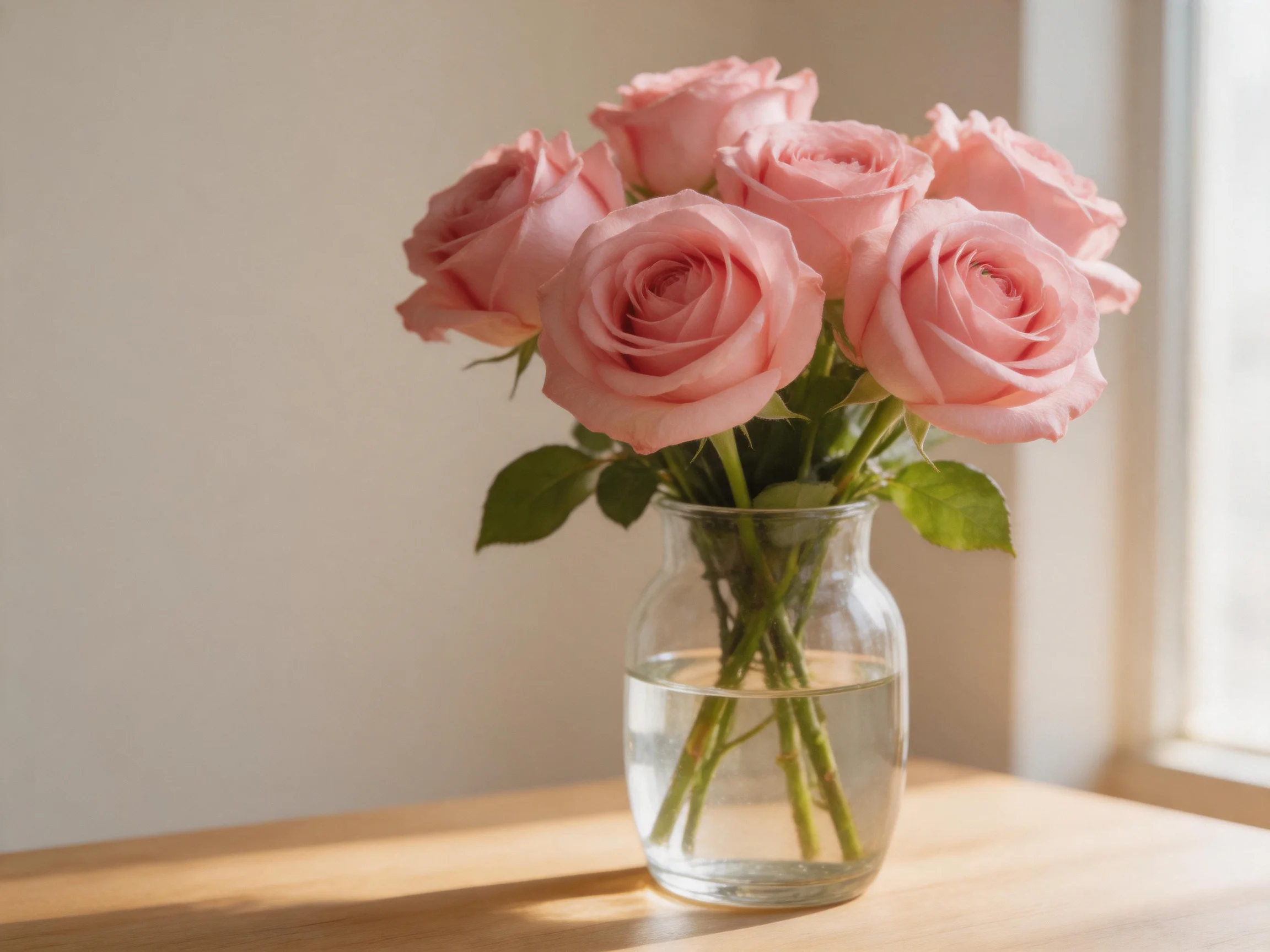 A bouquet of six pink roses in a clear glass vase on a wooden surface
