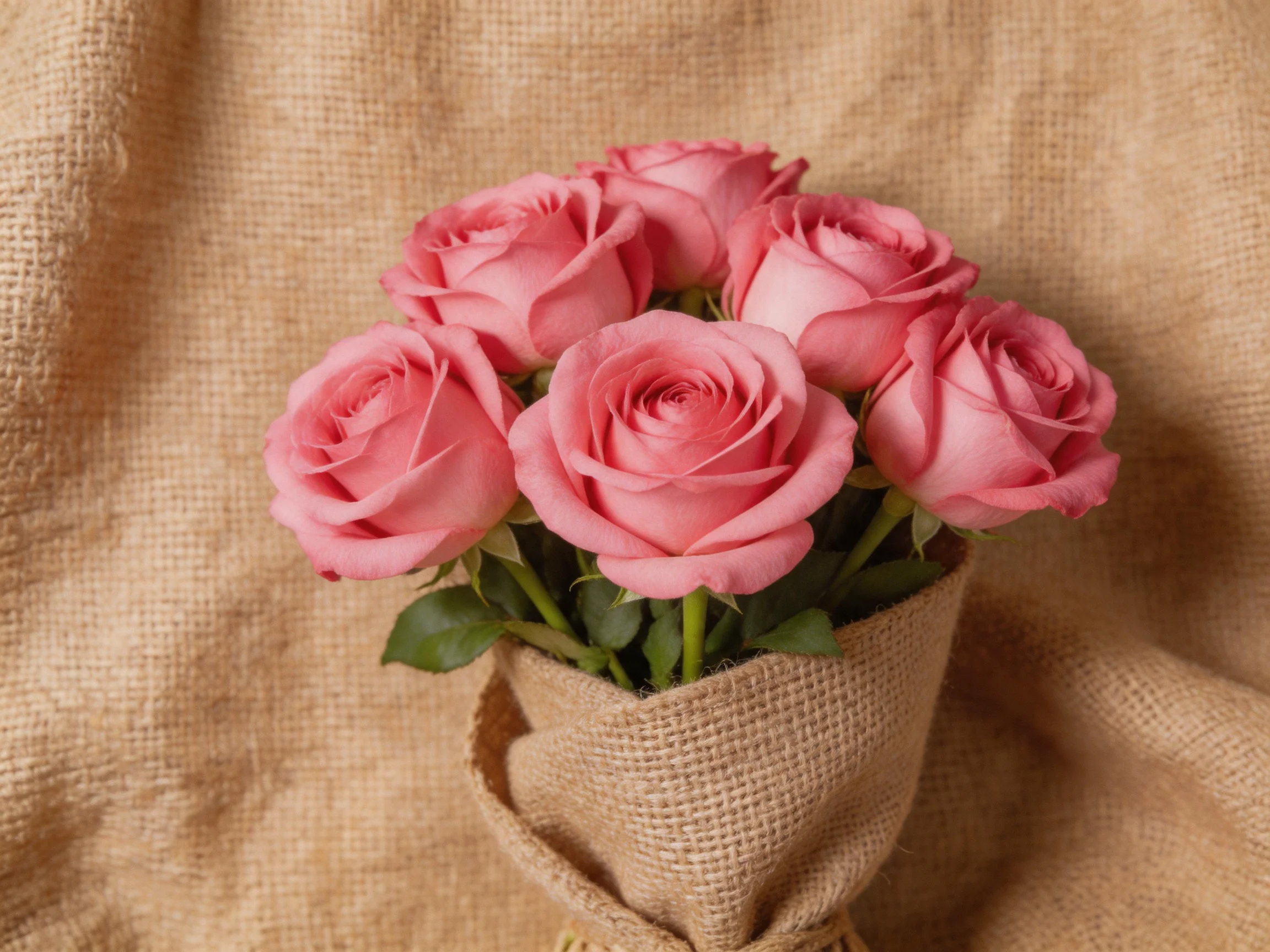 A bouquet of six pink roses wrapped in burlap on a textured fabric