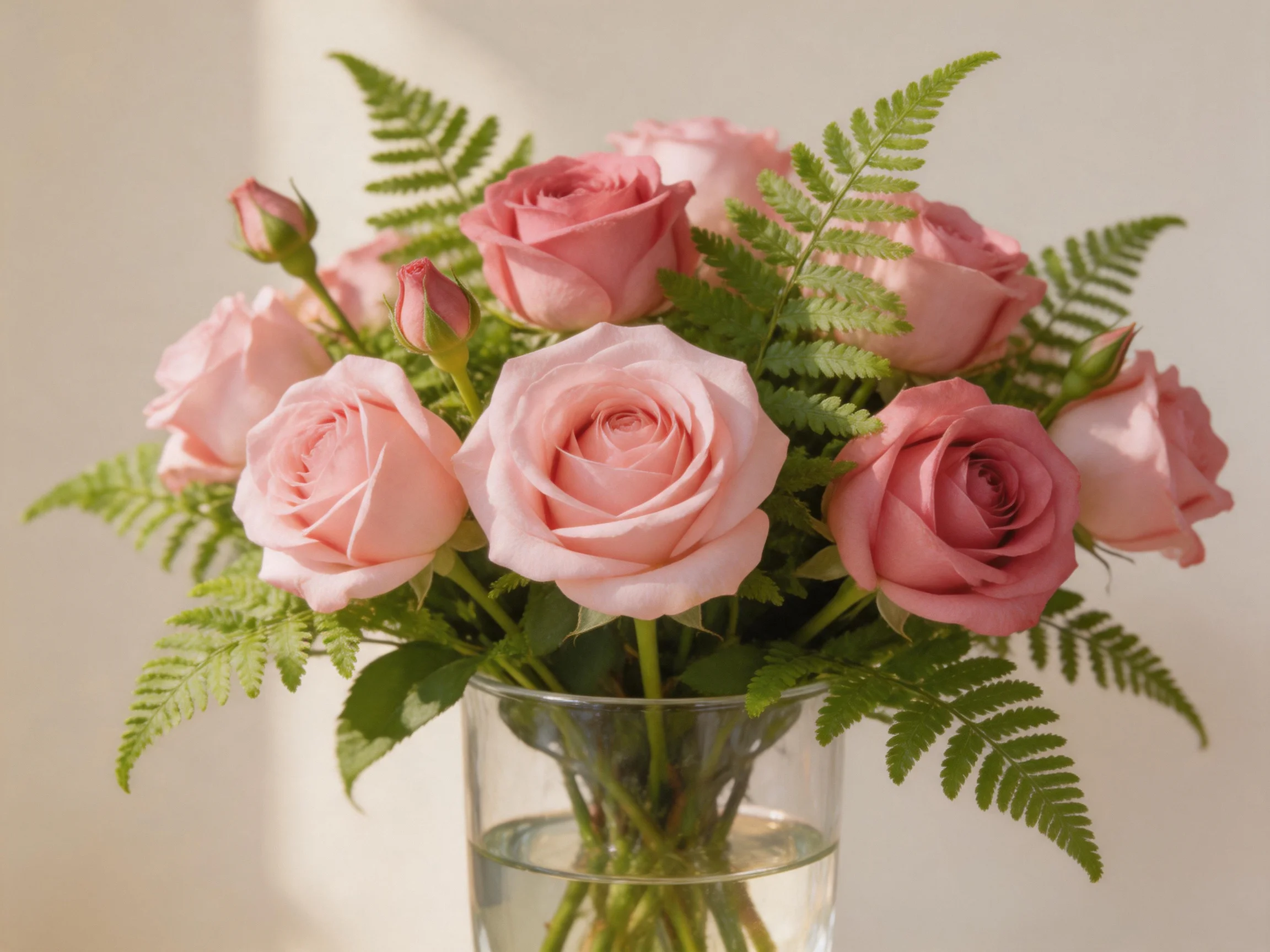 A bouquet of soft pink roses with green ferns in a clear glass vase
