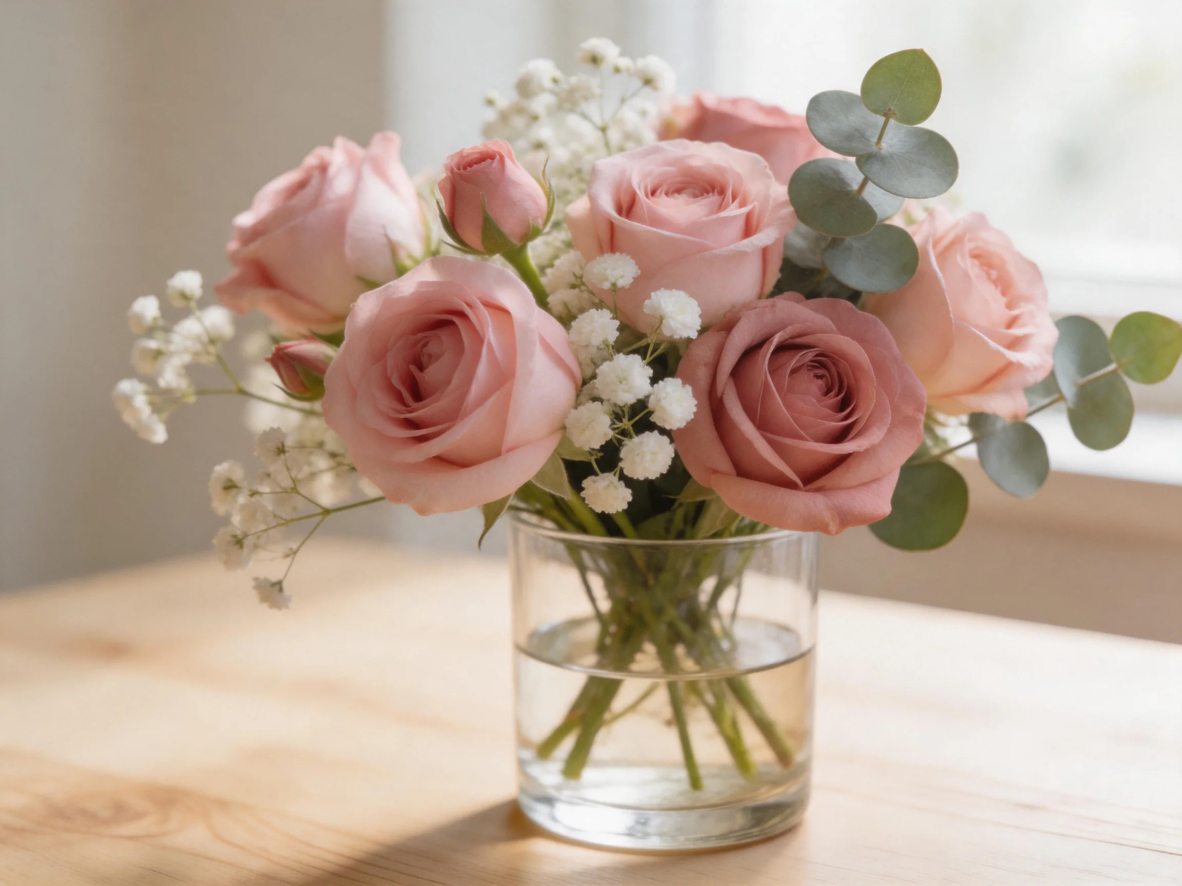 A bouquet of soft pink roses with white flowers and eucalyptus in a clear glass vase