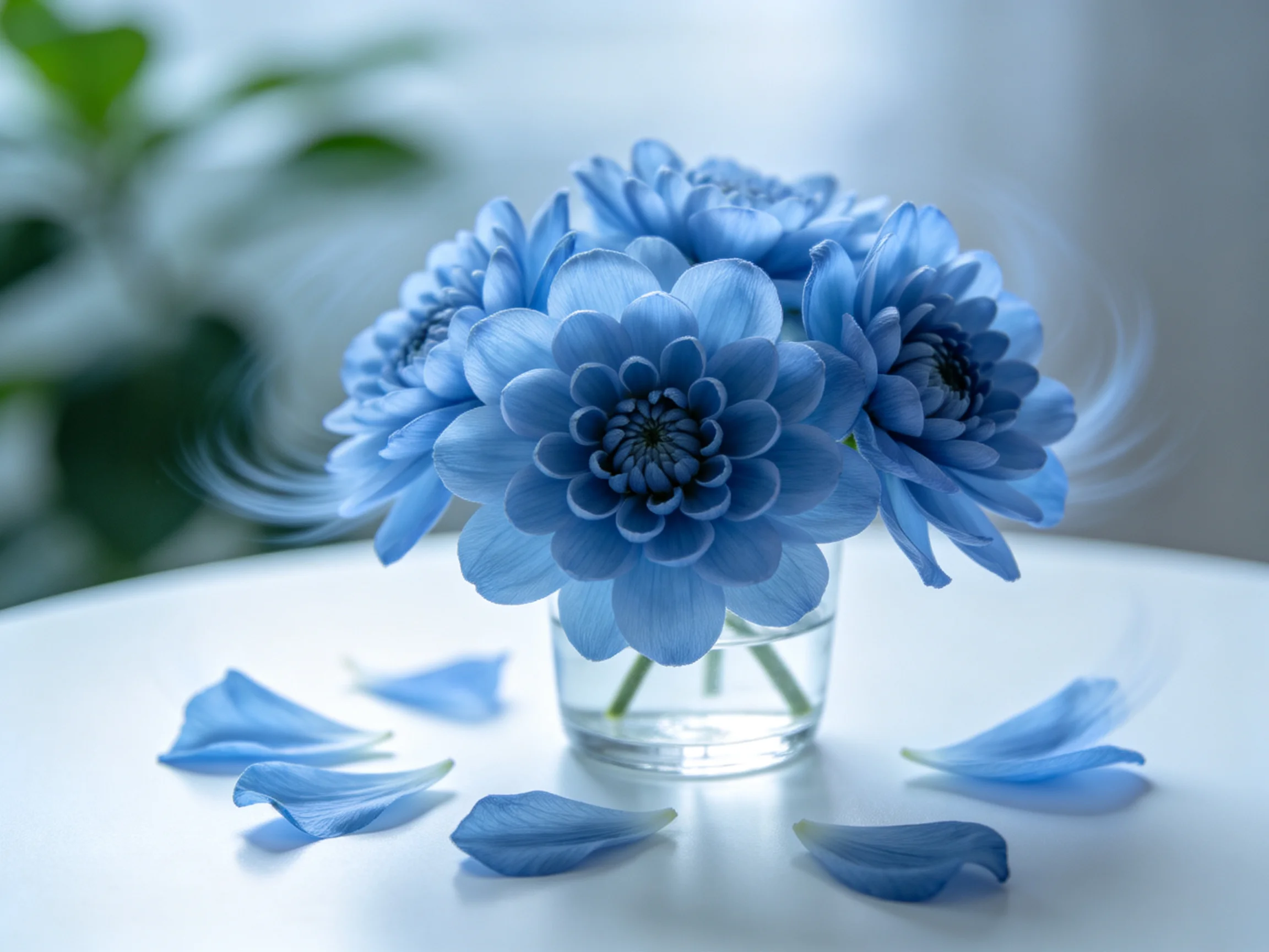 A bouquet of vibrant blue flowers in a glass vase with scattered petals