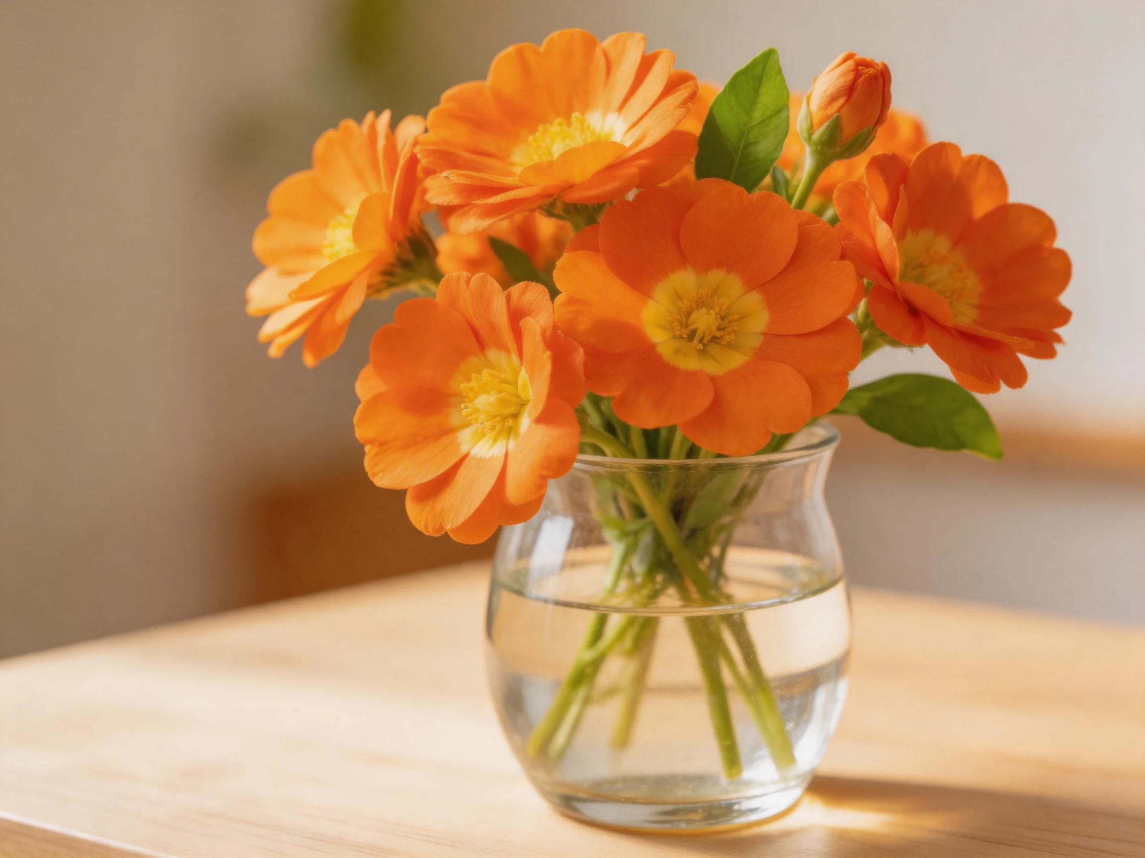 A bouquet of vibrant orange flowers arranged in a clear glass vase
