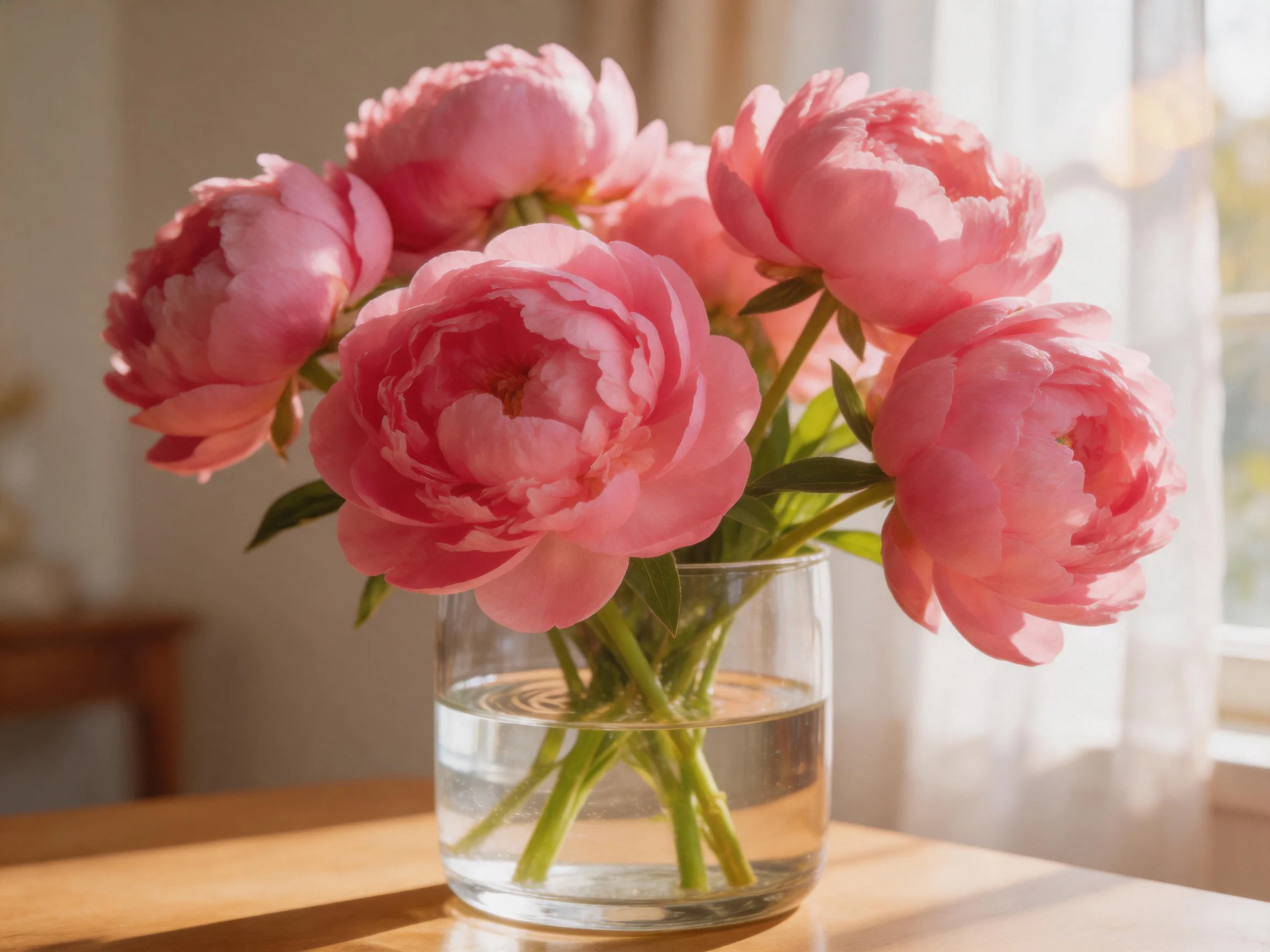 A bouquet of vibrant pink peonies in a clear glass vase near sunlight