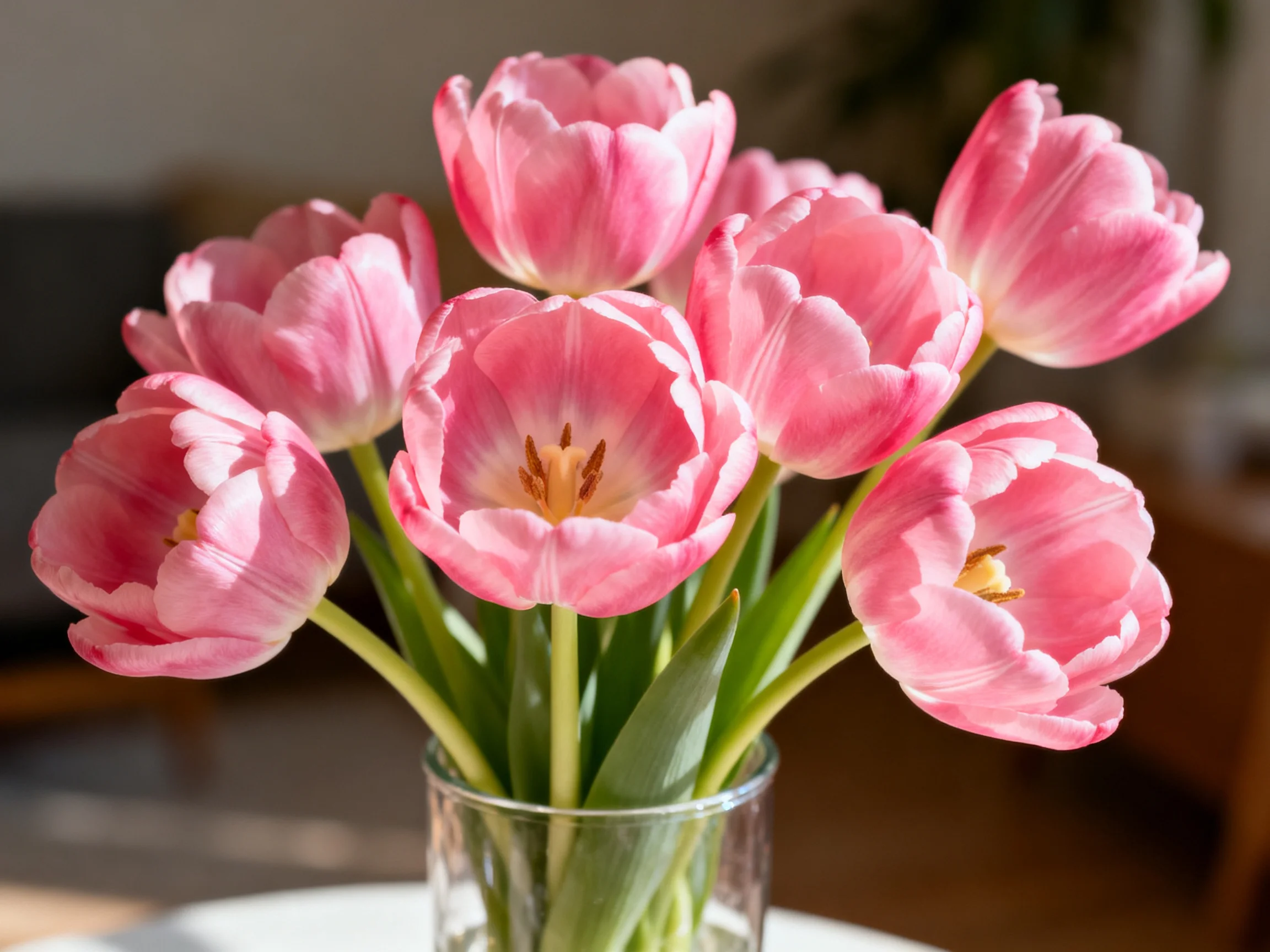 A bouquet of vibrant pink tulips arranged in a clear glass vase