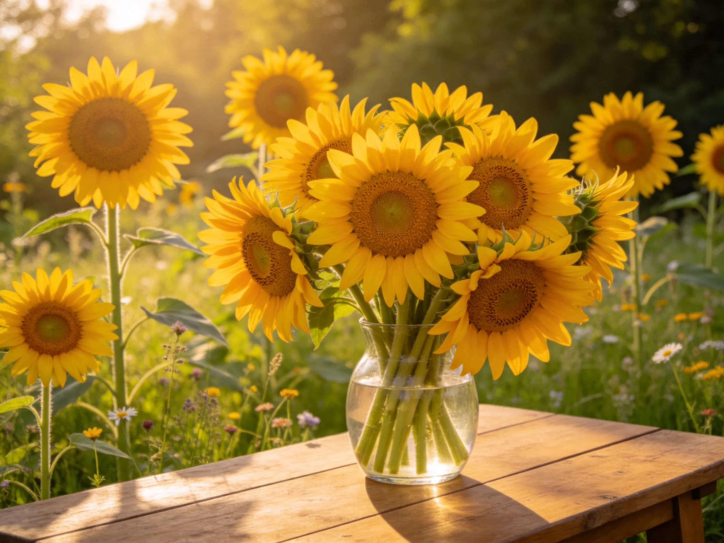 A bouquet of vibrant sunflowers in a glass vase on a wooden table