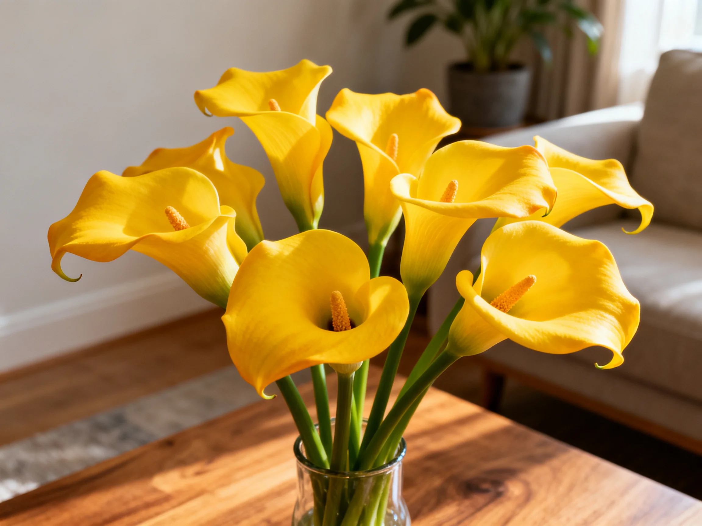 A bouquet of vibrant yellow calla lilies in a glass vase