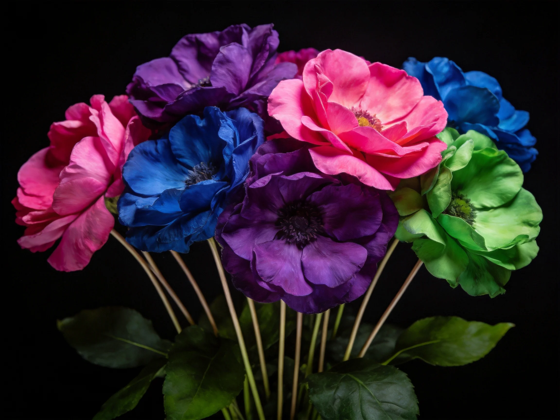 A bouquet of vividly hued flowers in pink, purple, blue, and green