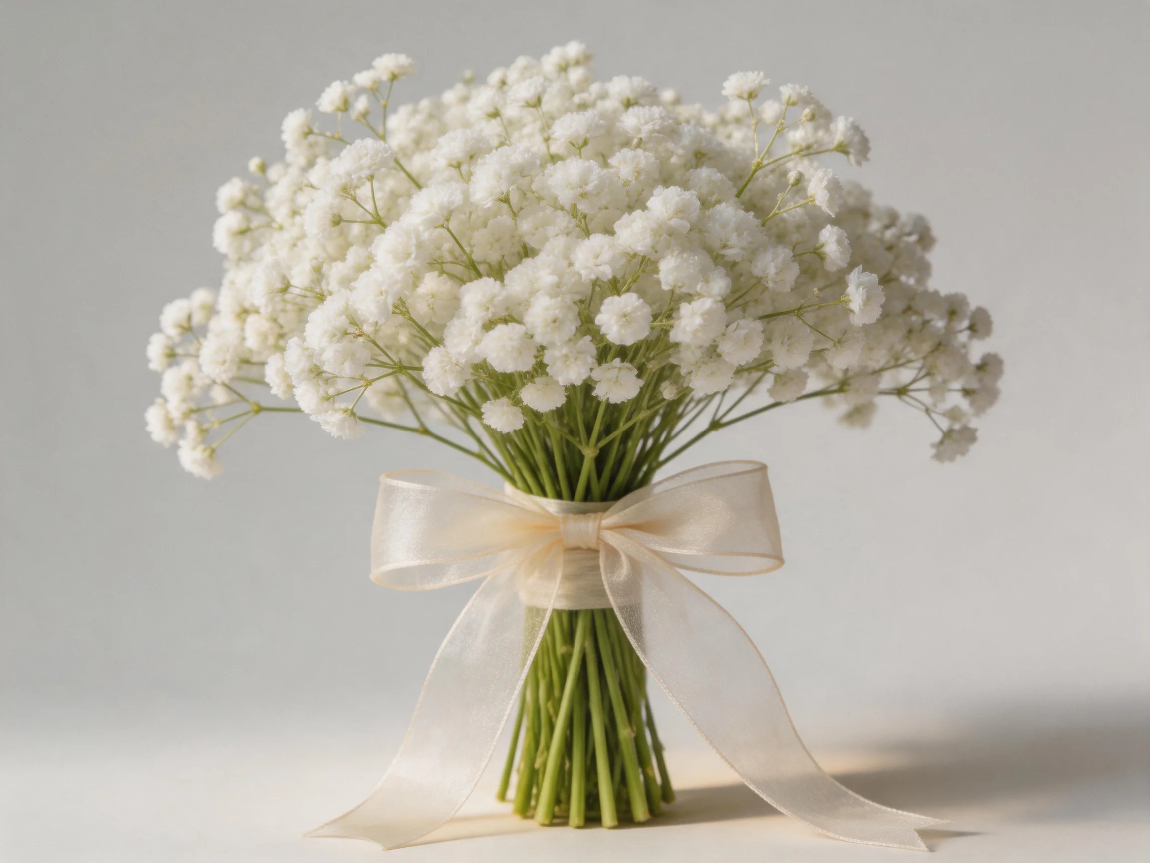A bouquet of white baby’s breath flowers tied with a cream ribbon