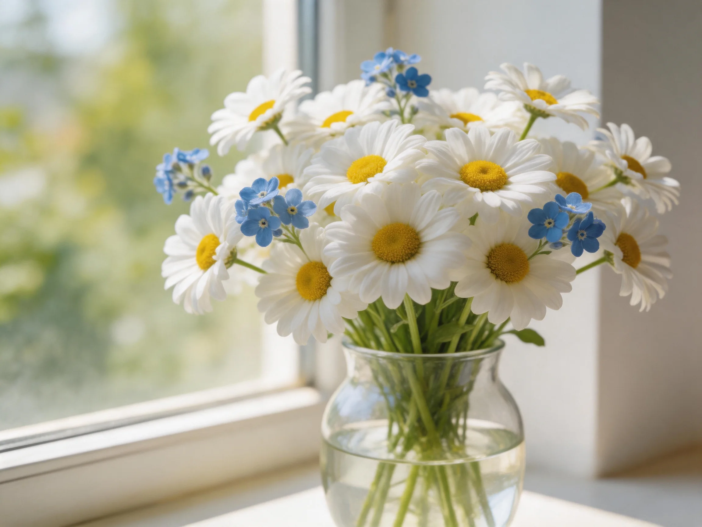 A bouquet of white daisies and blue blooms in a glass vase by a sunlit window