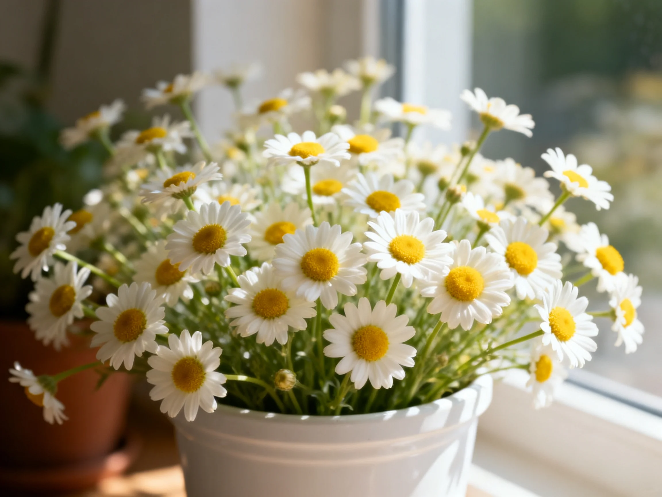 A bouquet of white daisies with yellow centers in a white pot by a window