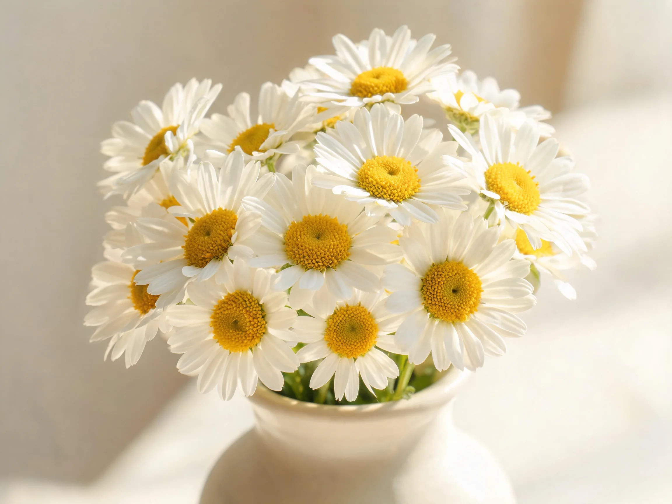 A bouquet of white daisies with yellow centers in a white vase
