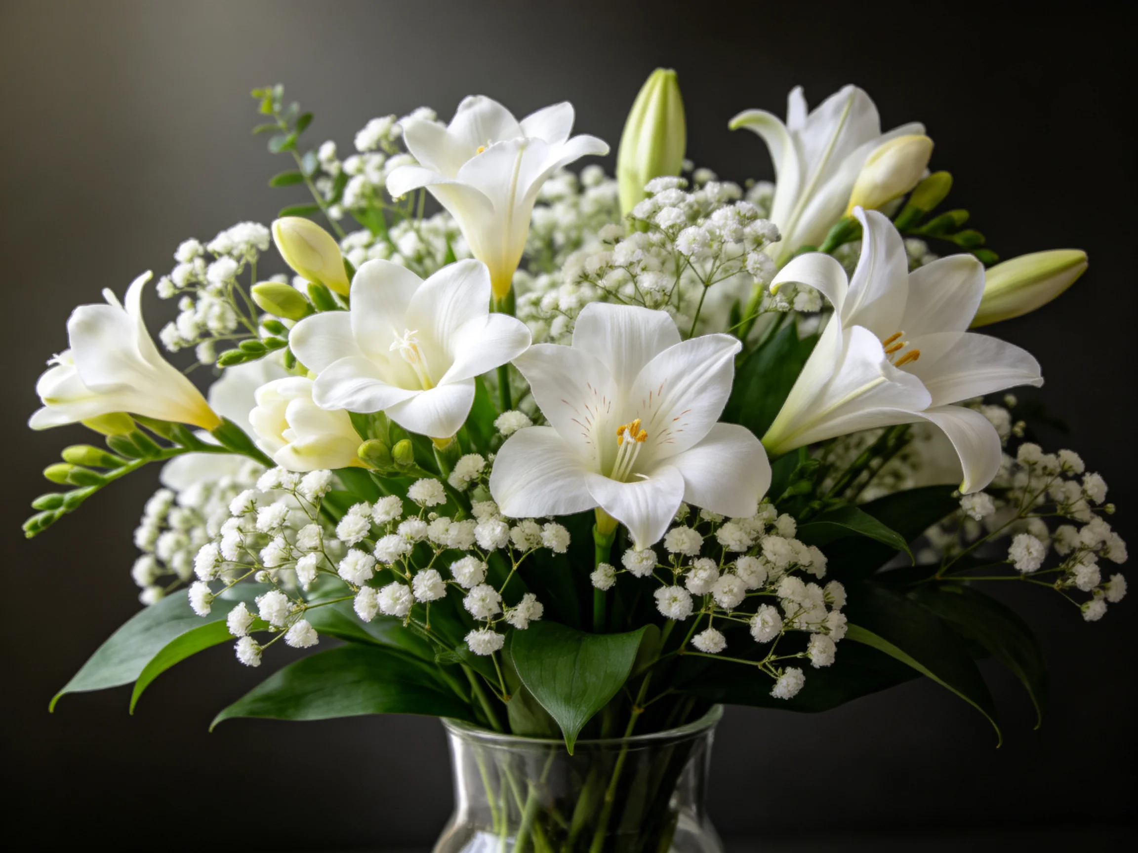 A bouquet of white lilies and baby’s breath in a glass vase