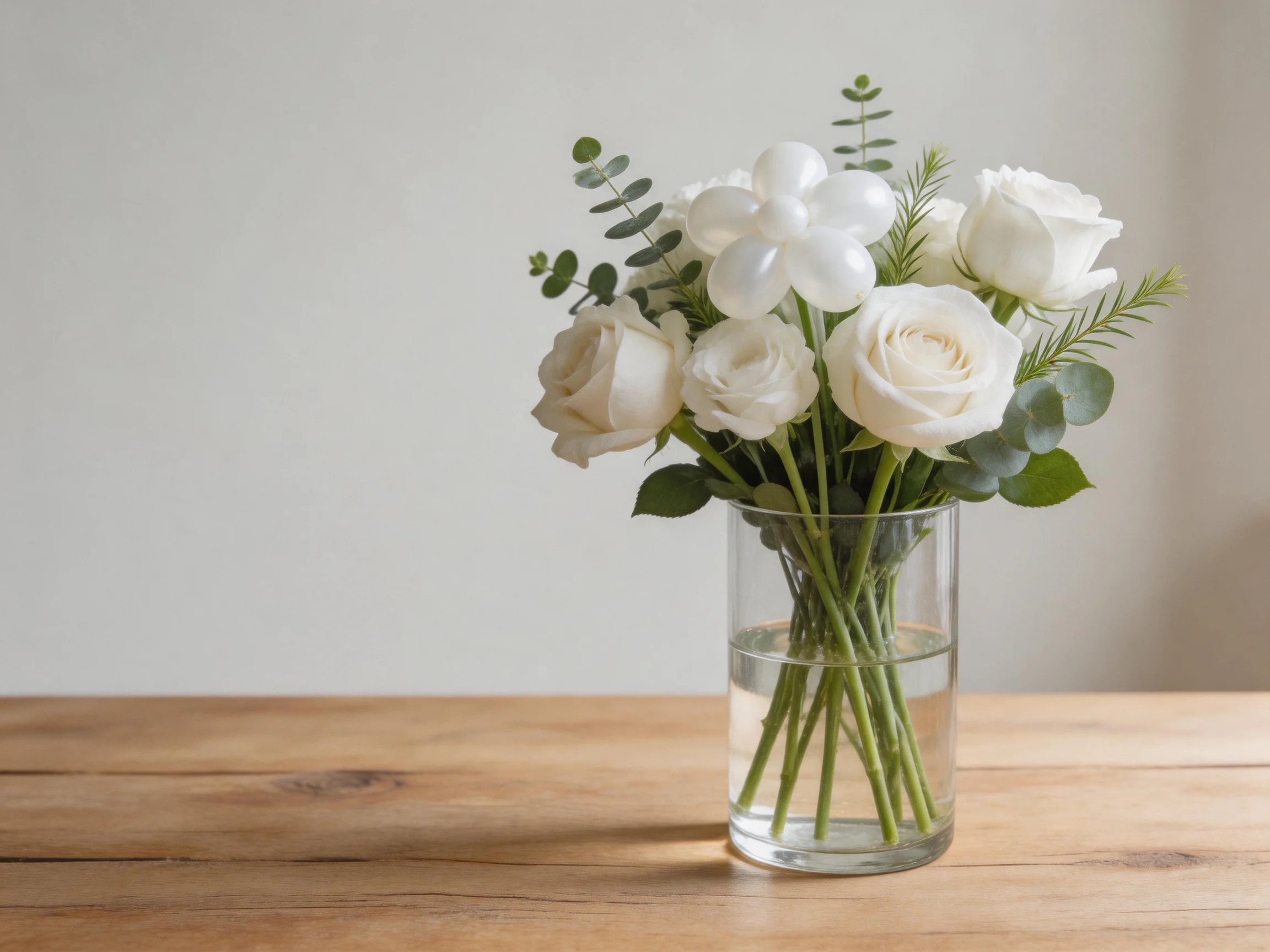 A bouquet of white roses and greenery in a clear glass vase on wood