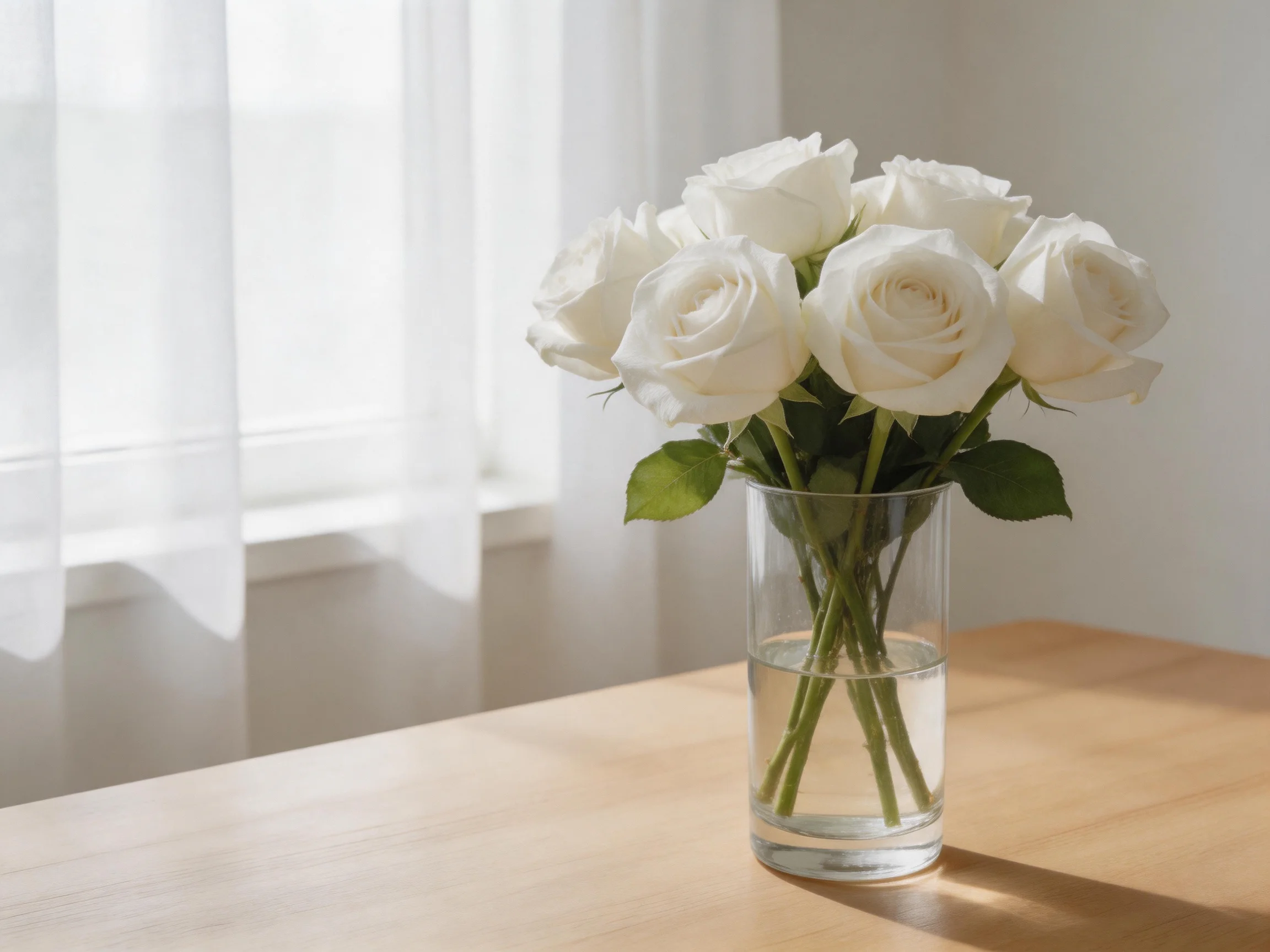 A bouquet of white roses in a clear glass vase on a wooden table