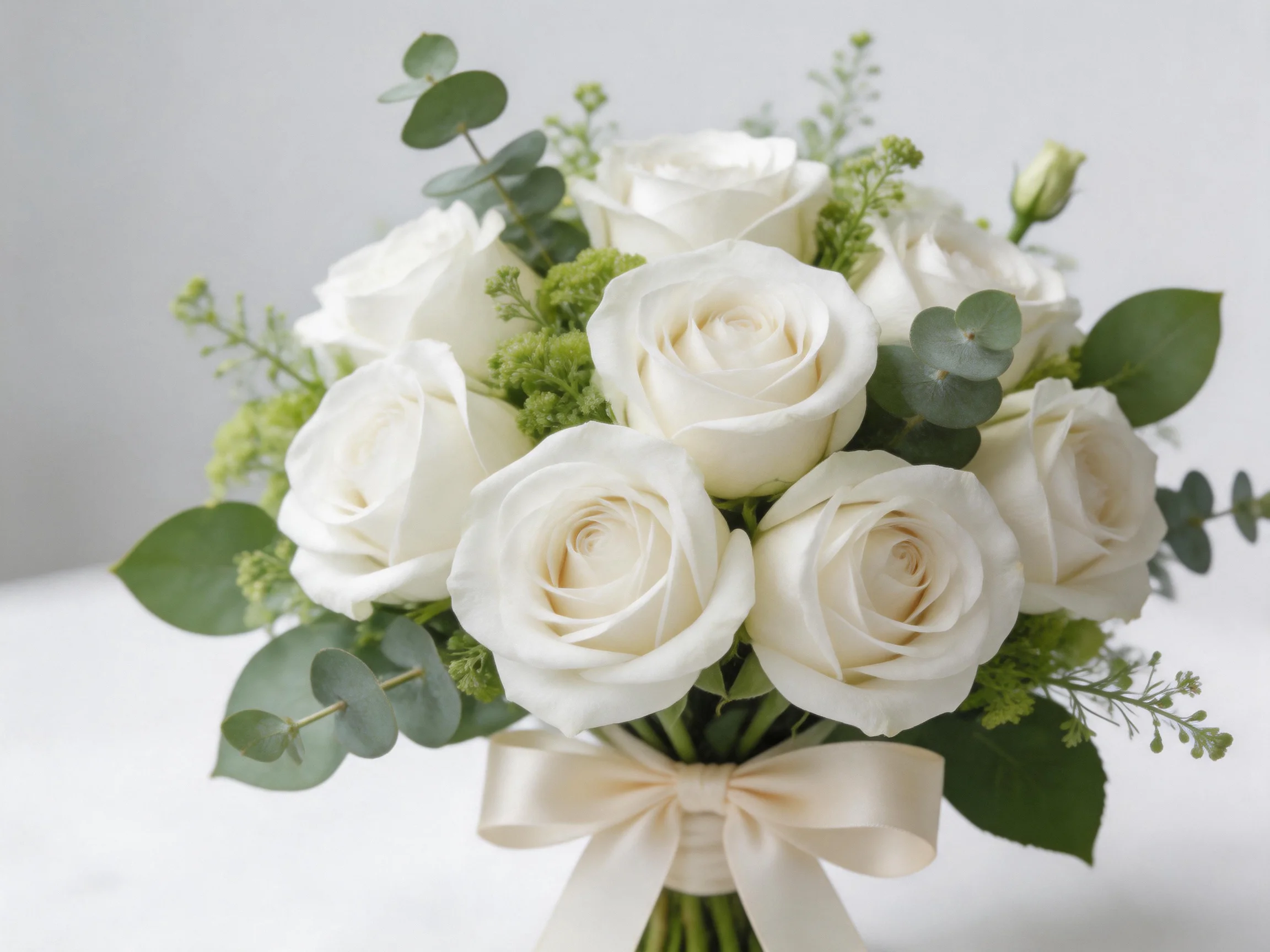 A bouquet of white roses with eucalyptus and green foliage