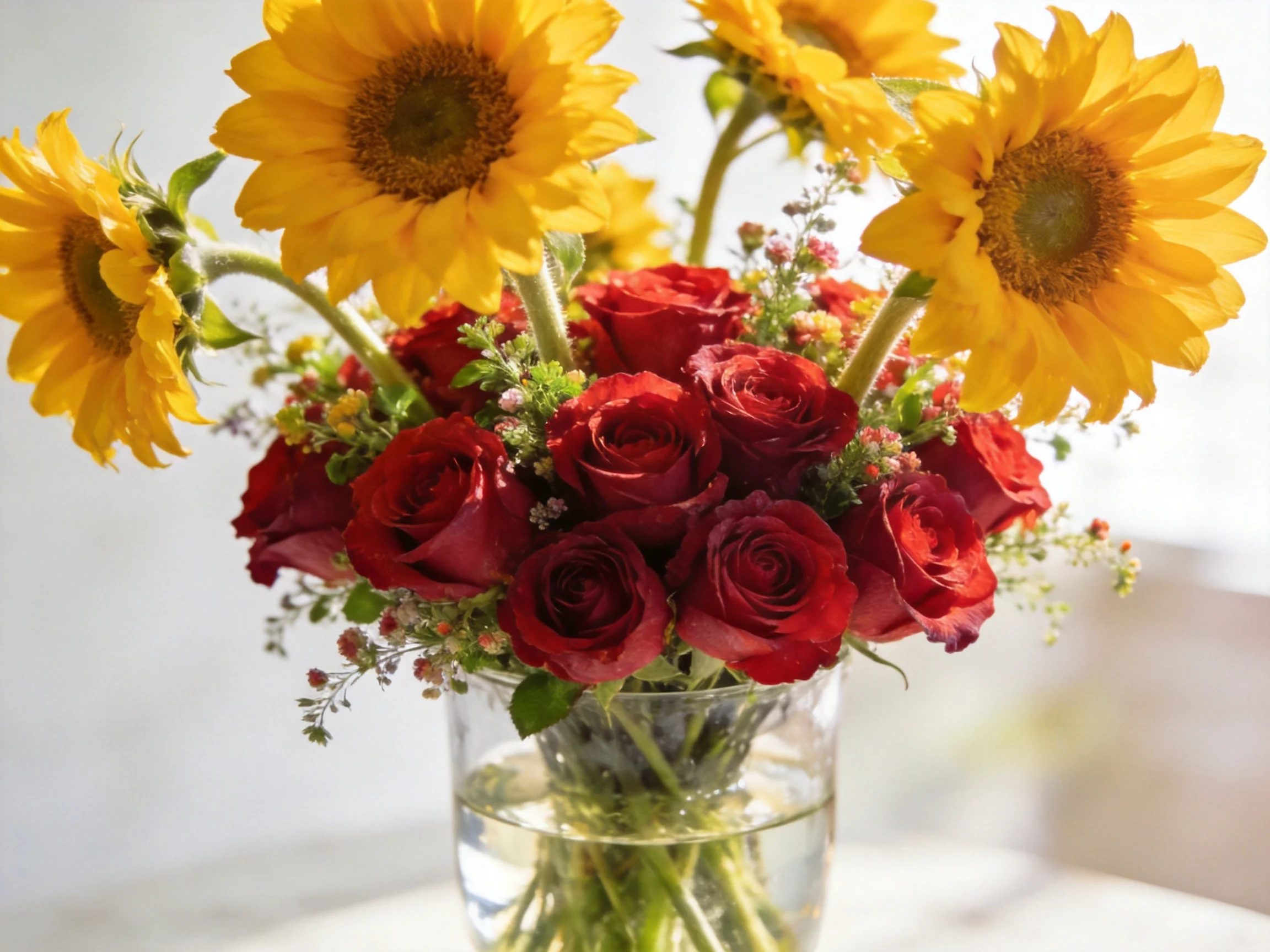 A bouquet of yellow sunflowers and red roses in a glass vase