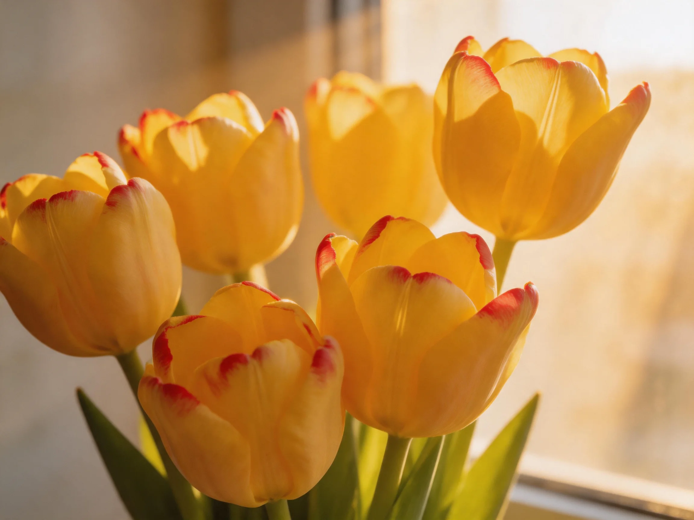 A bouquet of yellow tulips with crimson-tipped petals by a sunlit window