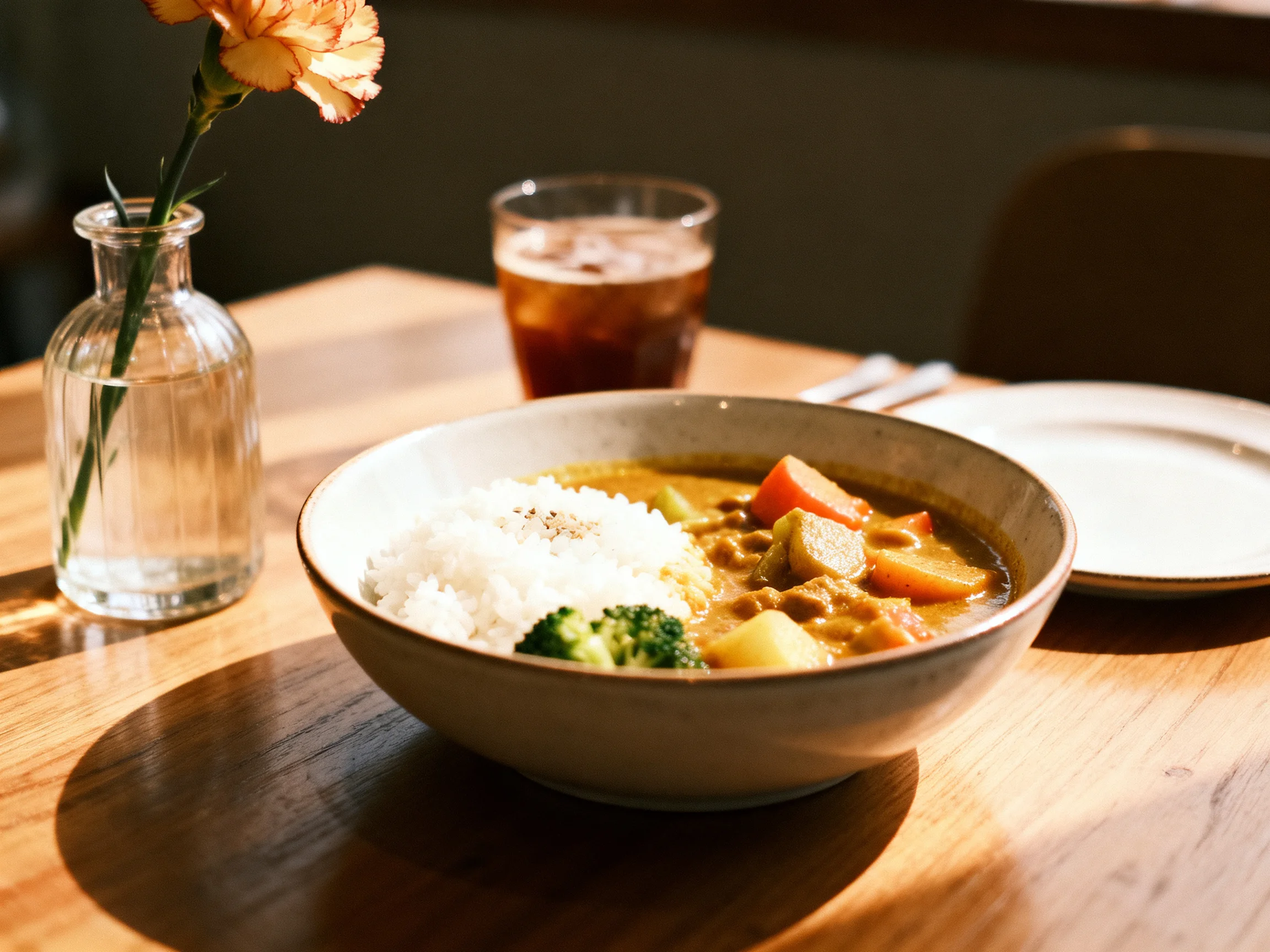 A bowl of vegetable curry with rice, served with iced tea and a single carnation