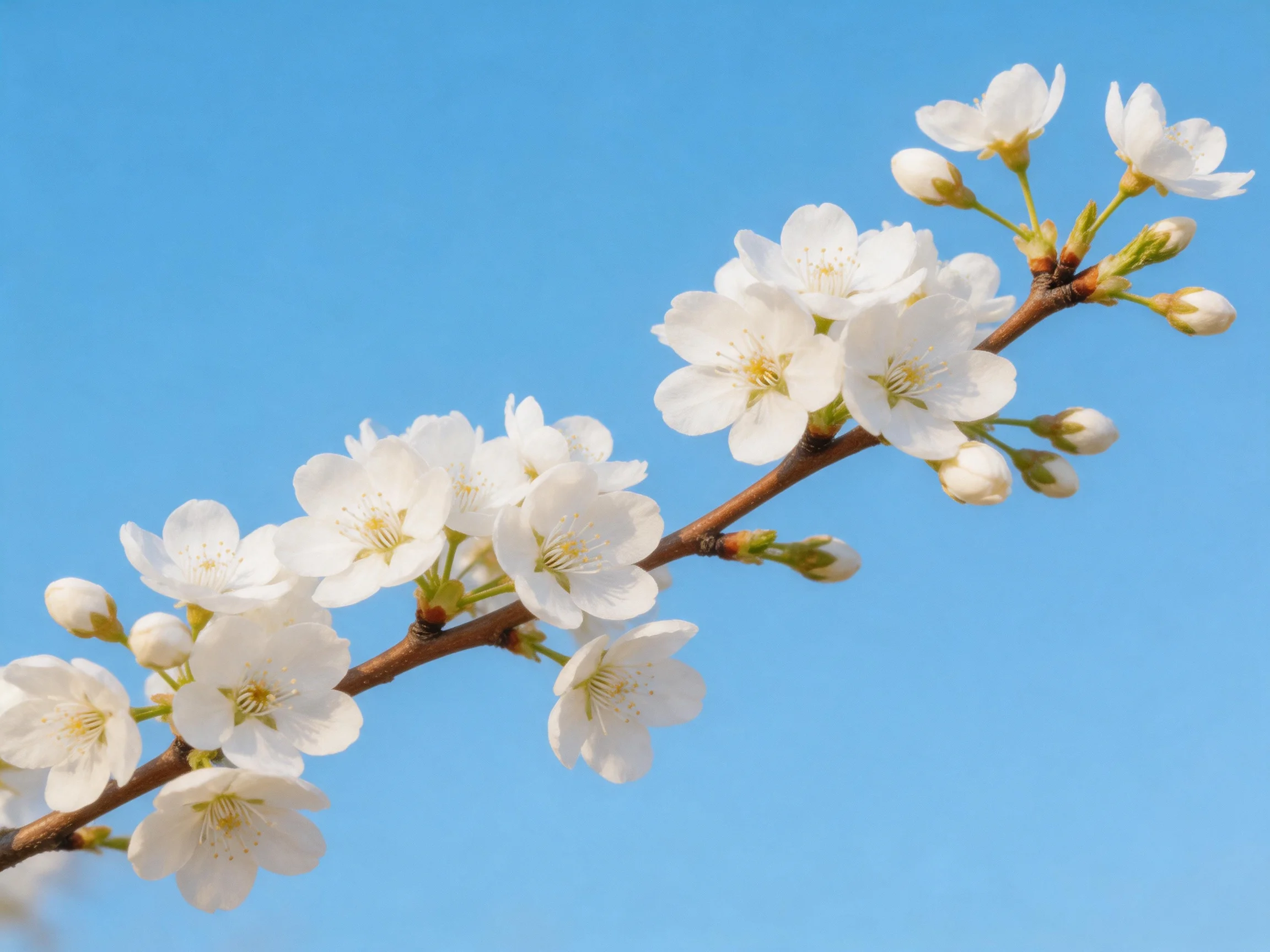 A branch of white cherry blossoms against a bright blue sky