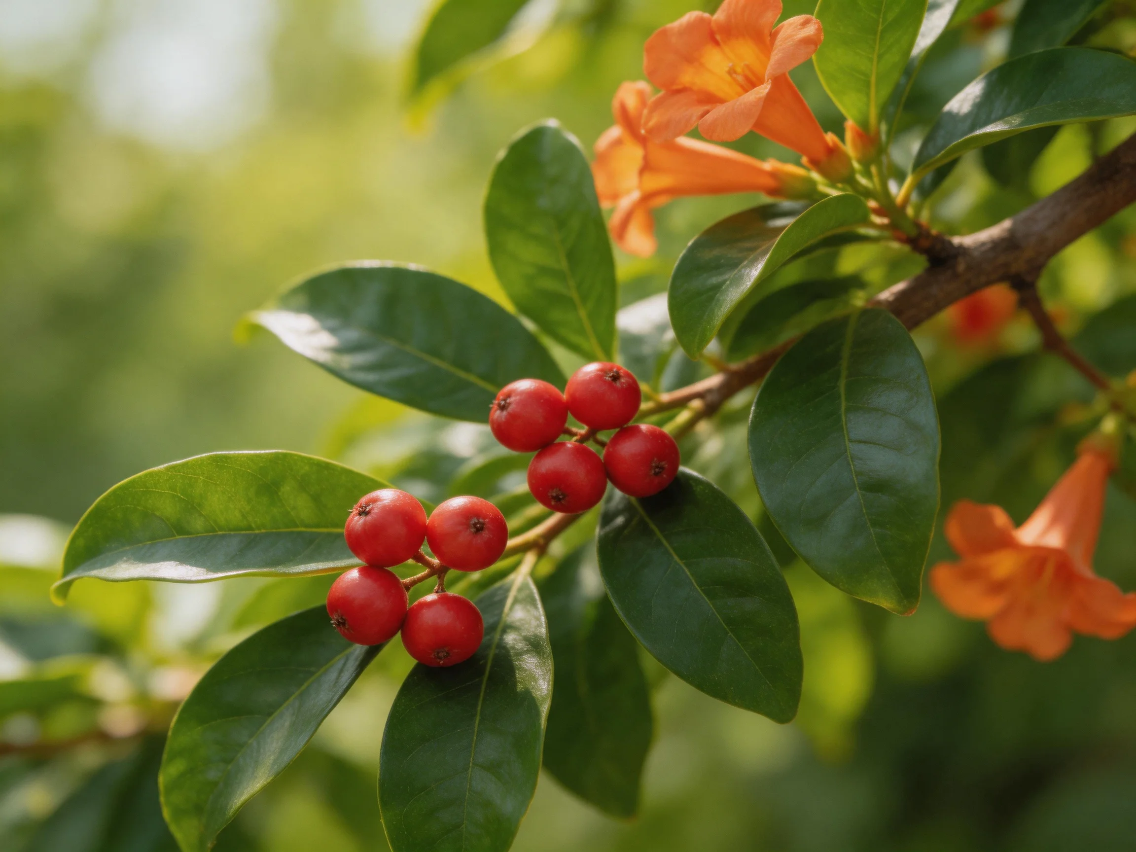 A branch with vibrant red berries, orange flowers, and glossy green leaves