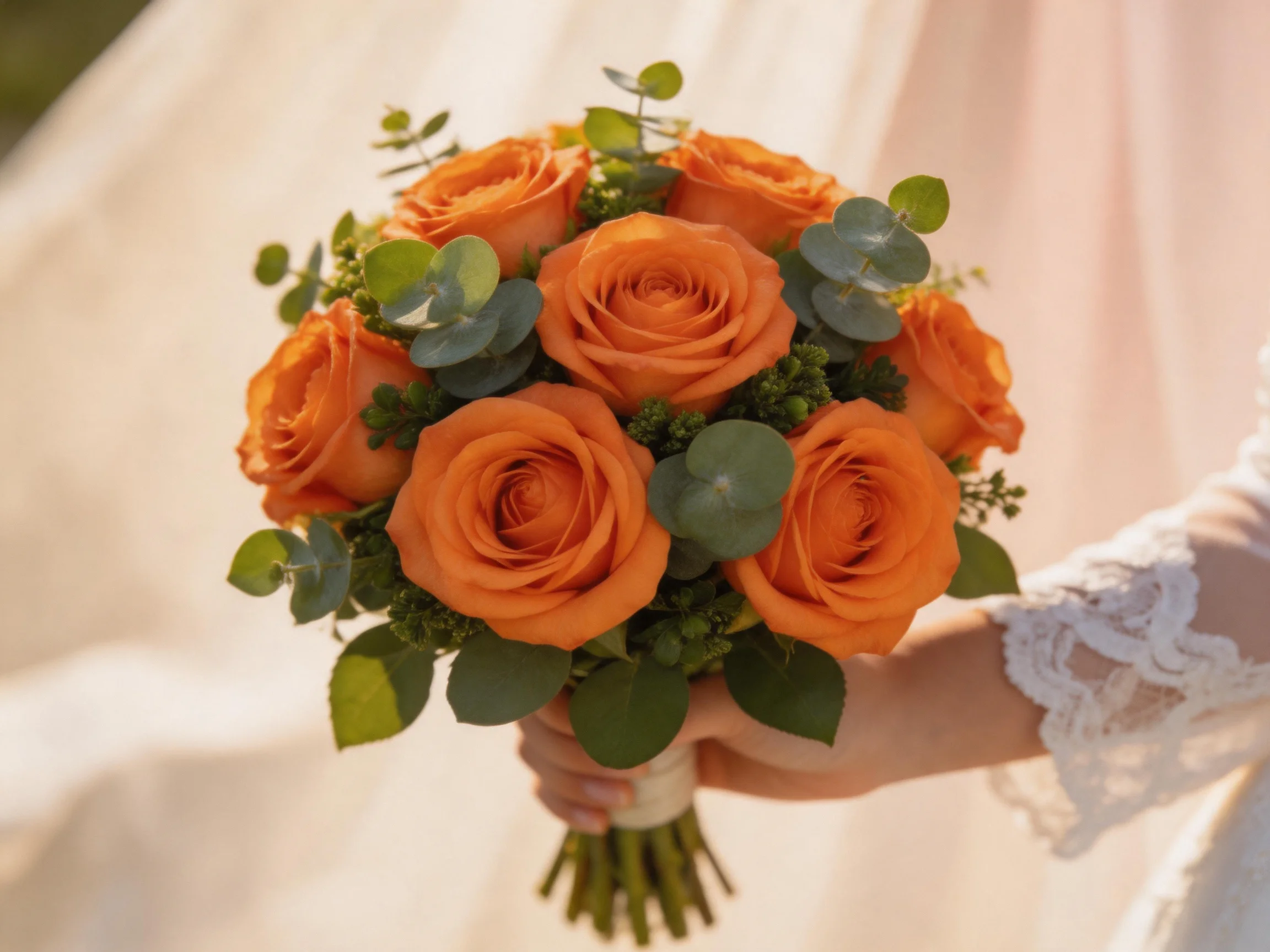 A bridal bouquet of orange roses with eucalyptus accents