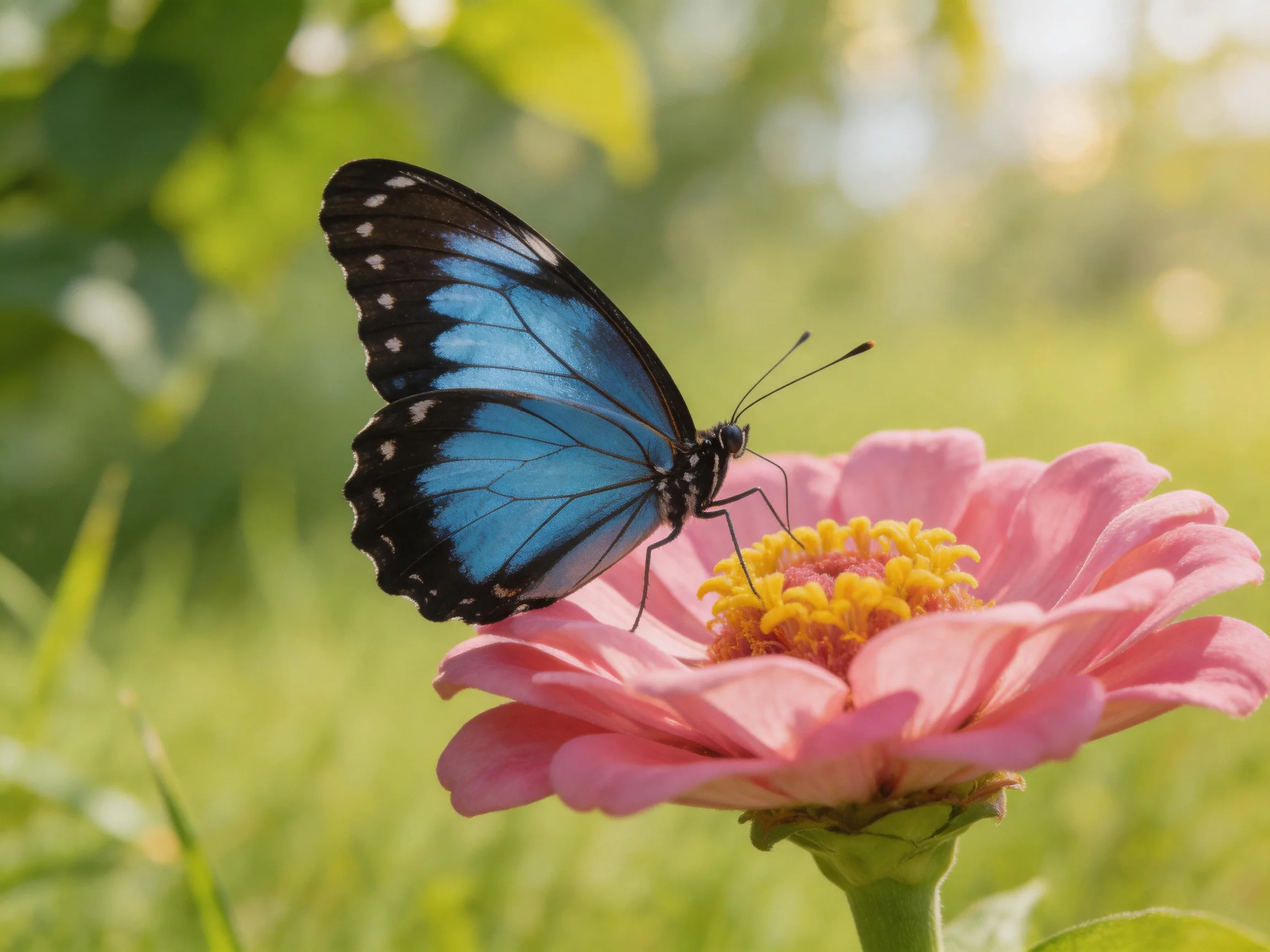 A bright blue butterfly perched on a pink zinnia flower