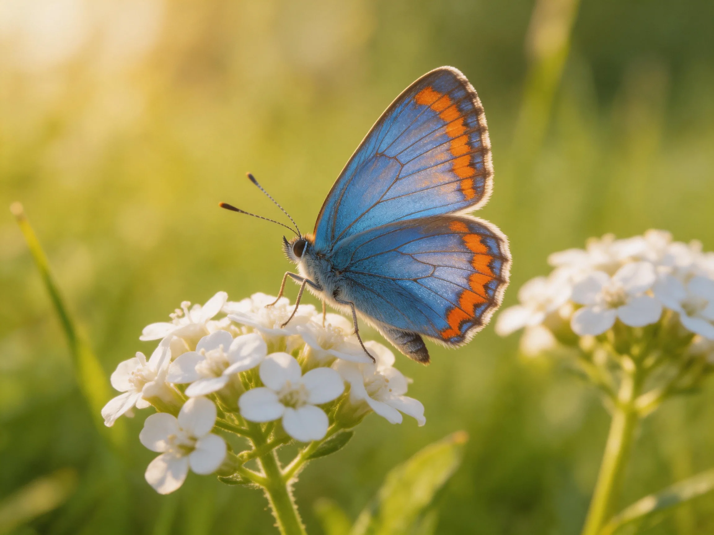 A bright blue butterfly with orange wing accents rests on white clustered flowers