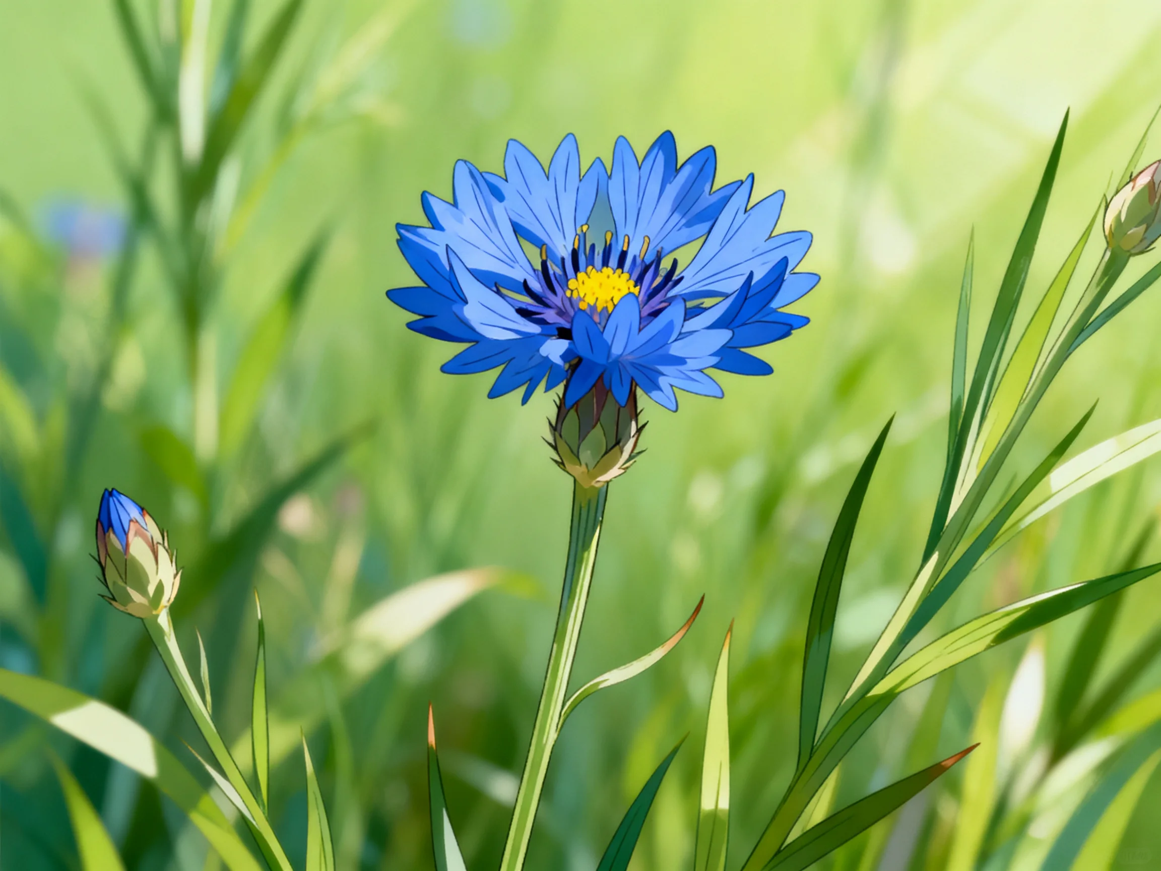 A bright blue cornflower blooms amid verdant green grasses