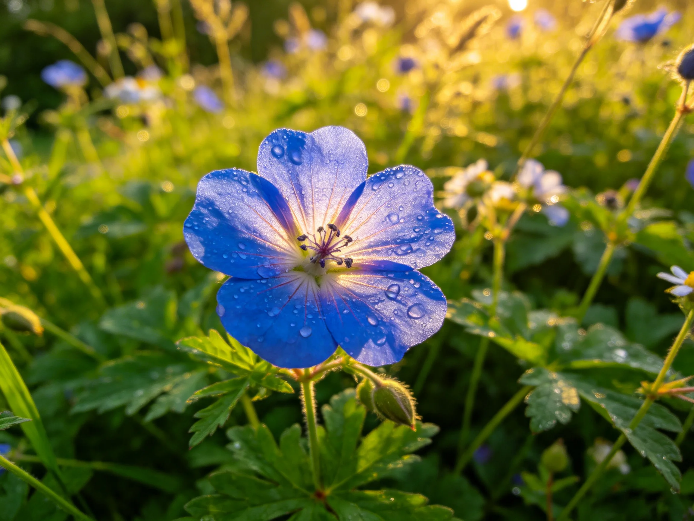 A bright blue flower with dewdrops amid lush greenery under golden light
