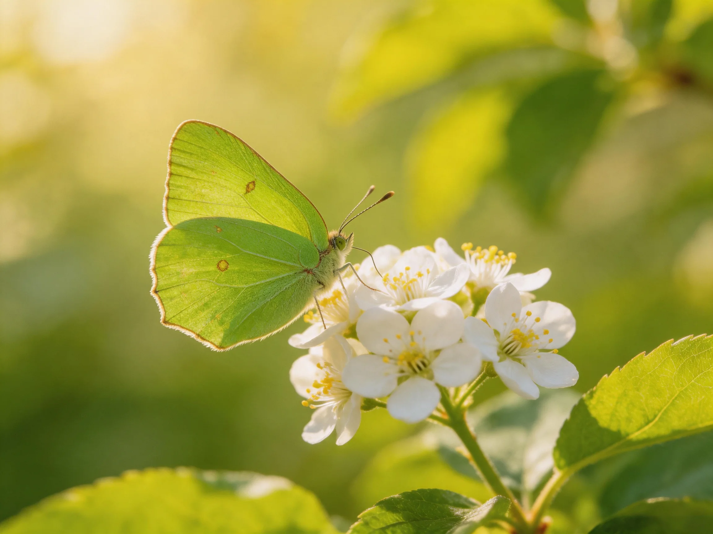 A bright green butterfly perched on white flowers in sunlight