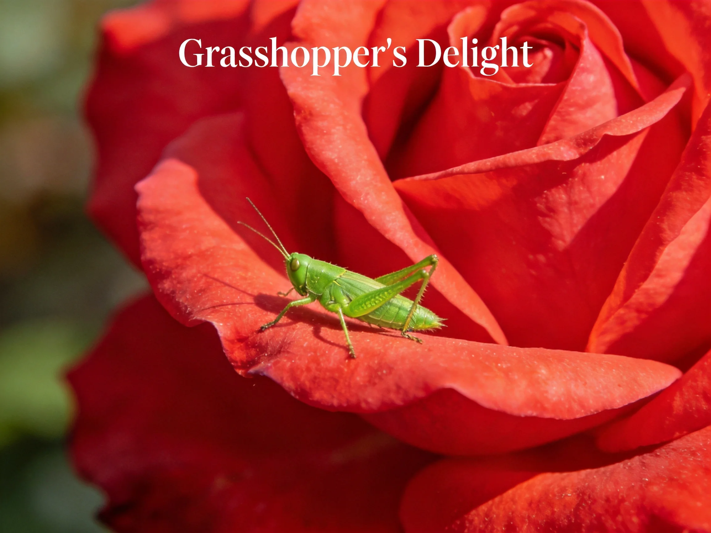 A bright green grasshopper perches on a vivid red rose