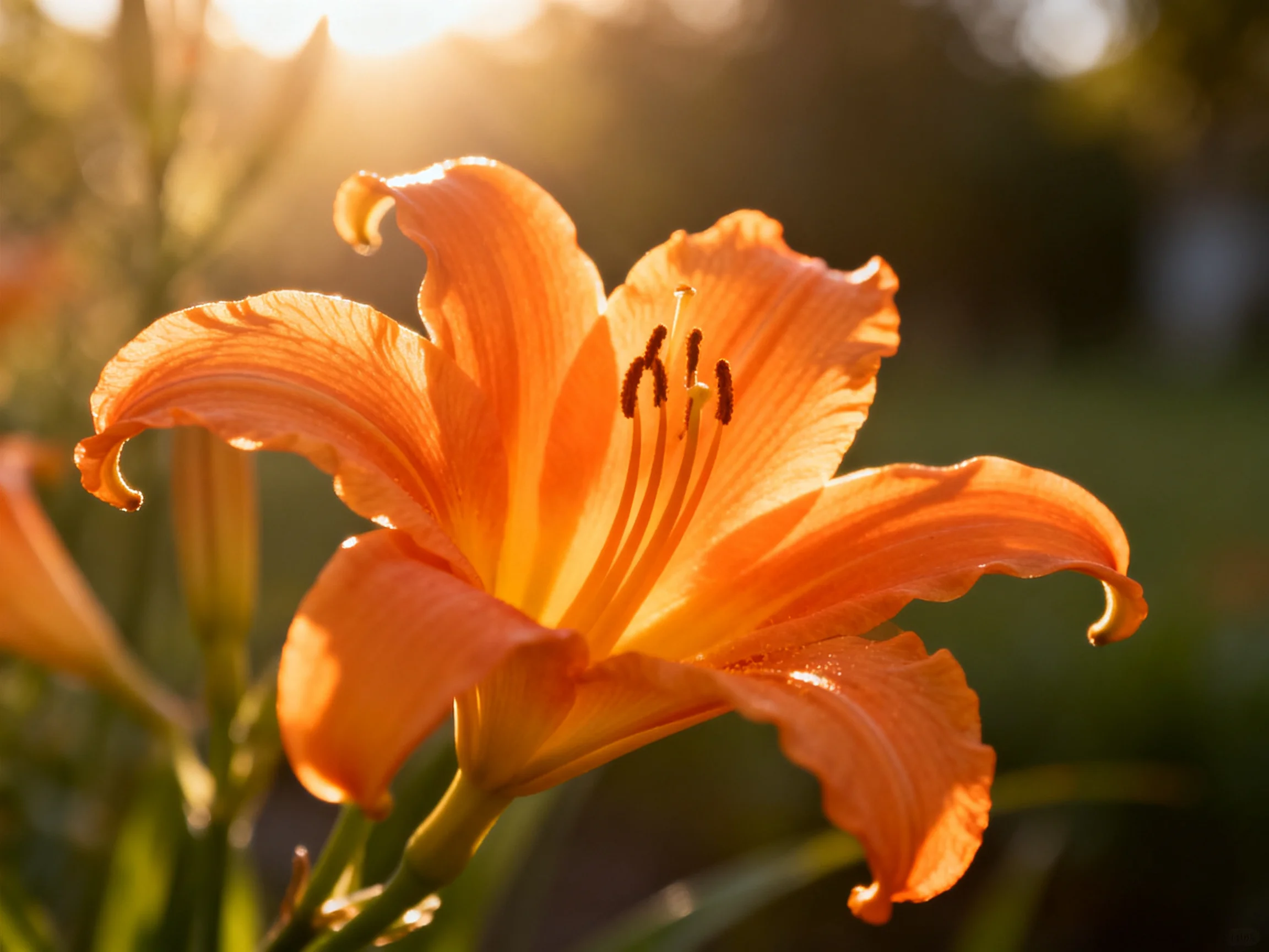 A bright orange daylily illuminated by golden sunlight
