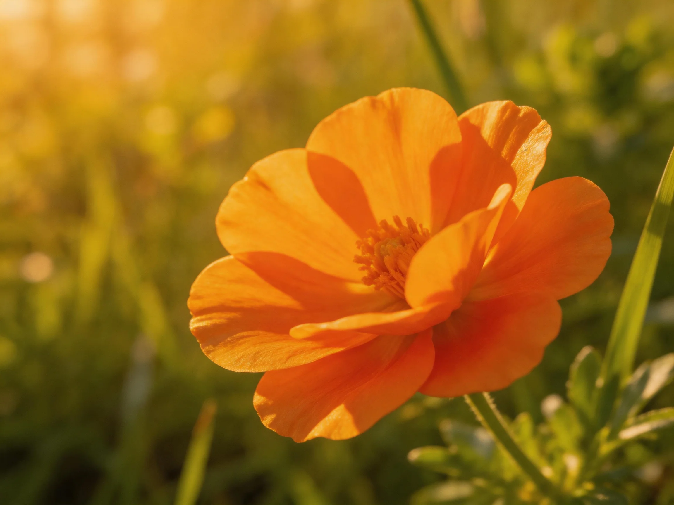 A bright orange flower blooms in sunlit green surroundings