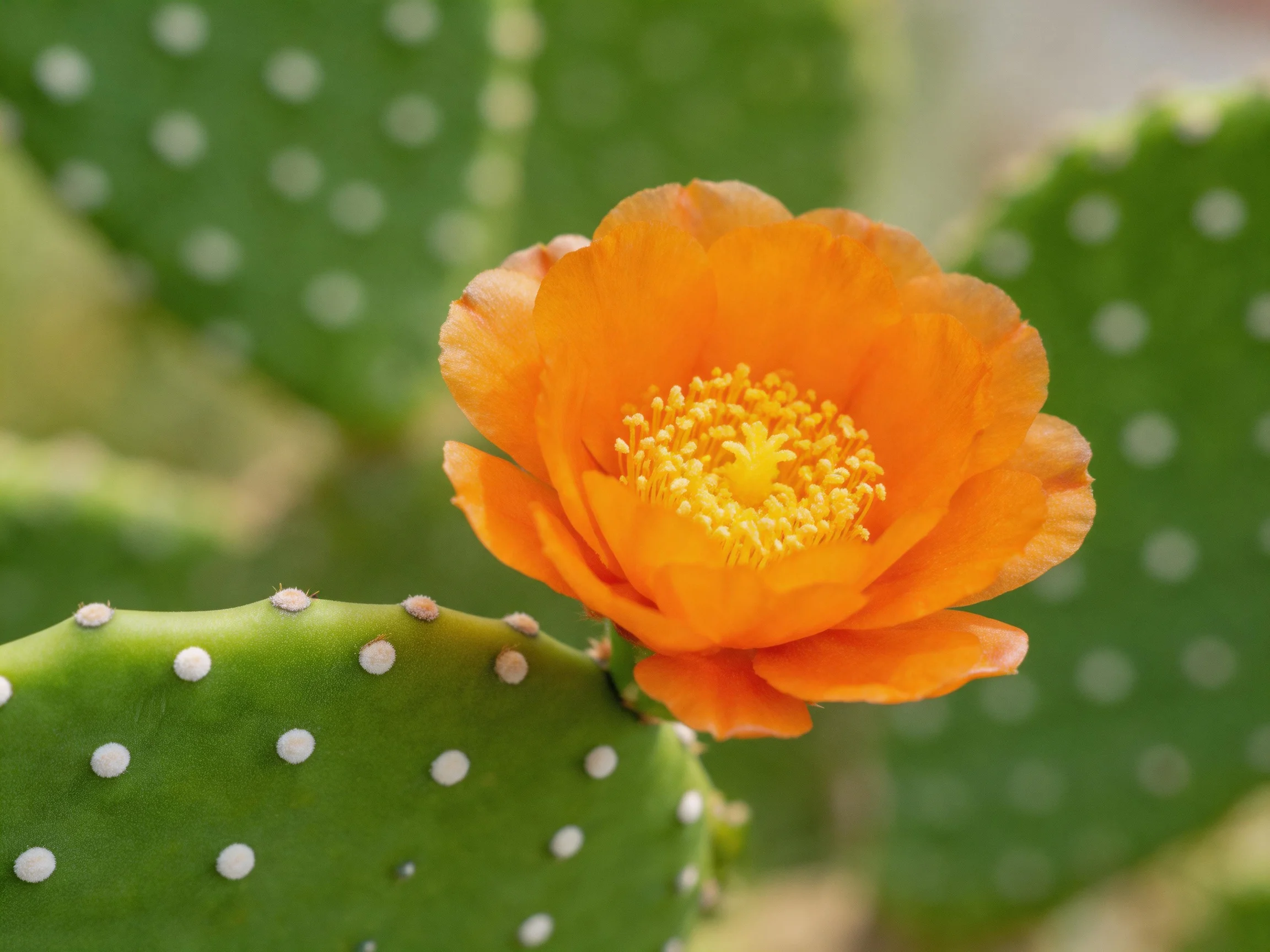 A bright orange flower blooms on a green cactus with white spots