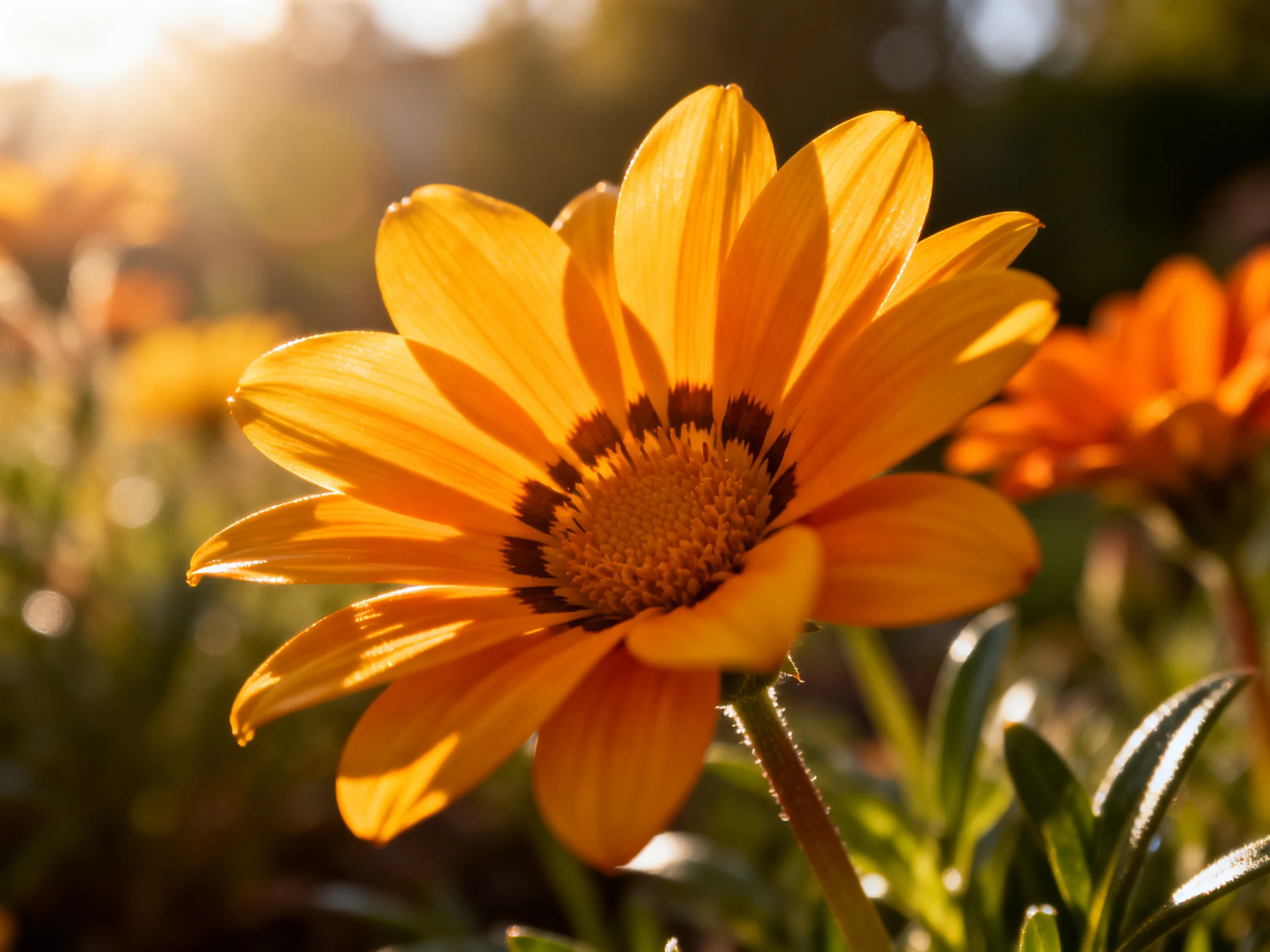 A bright orange flower with dark center blooms in sunny light