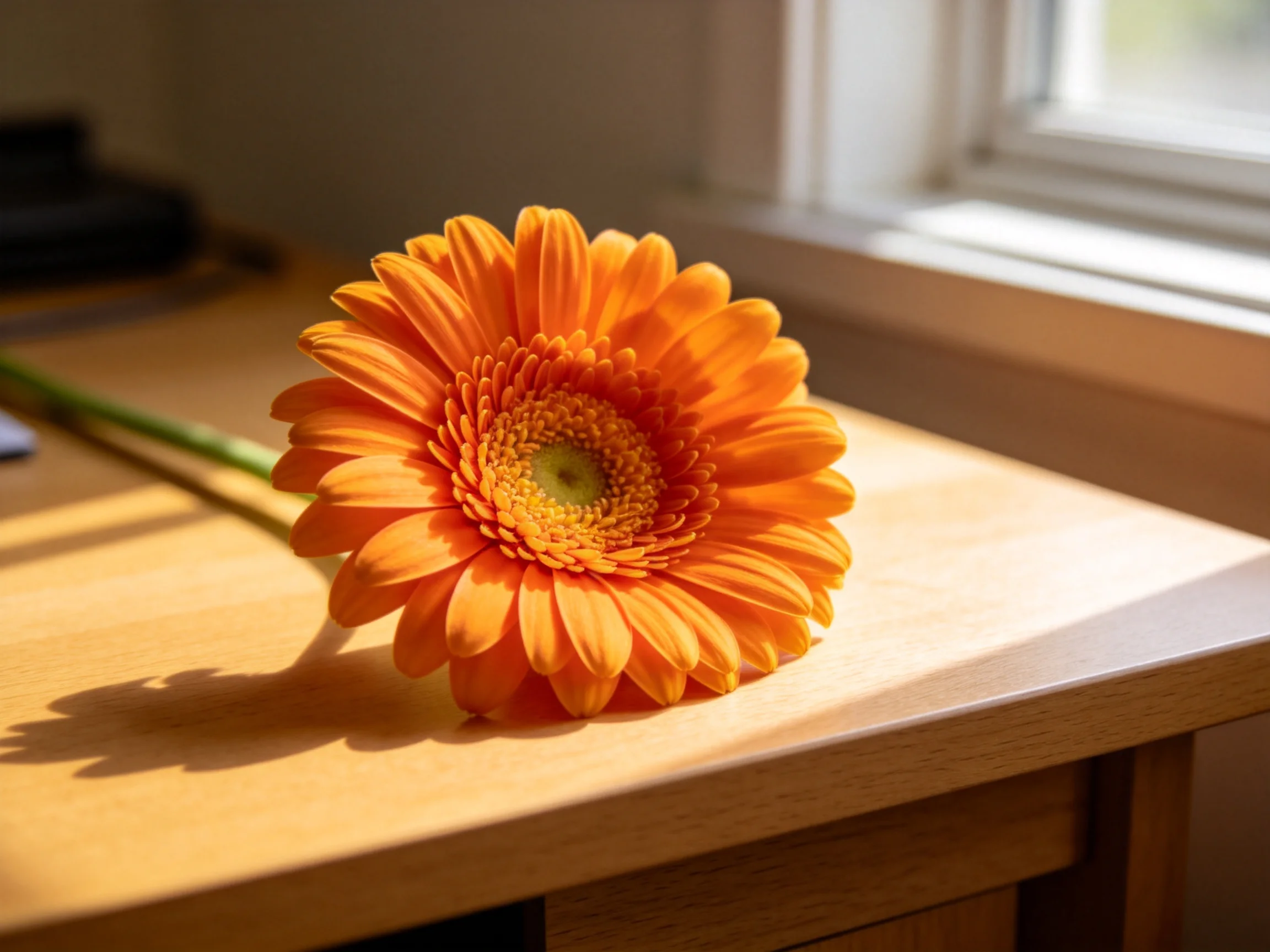A bright orange gerbera daisy rests on a wooden desk near a sunlit window