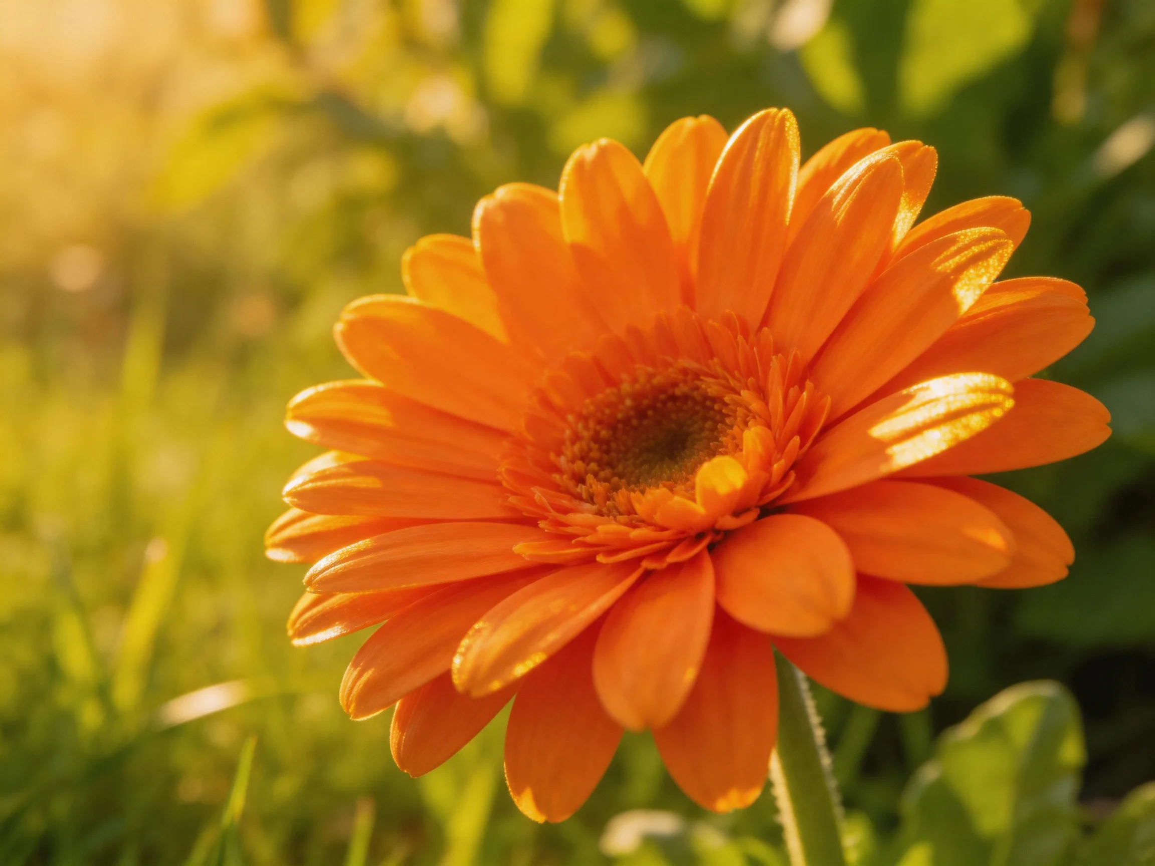 A bright orange gerbera flower blooms in sunlit green surroundings.