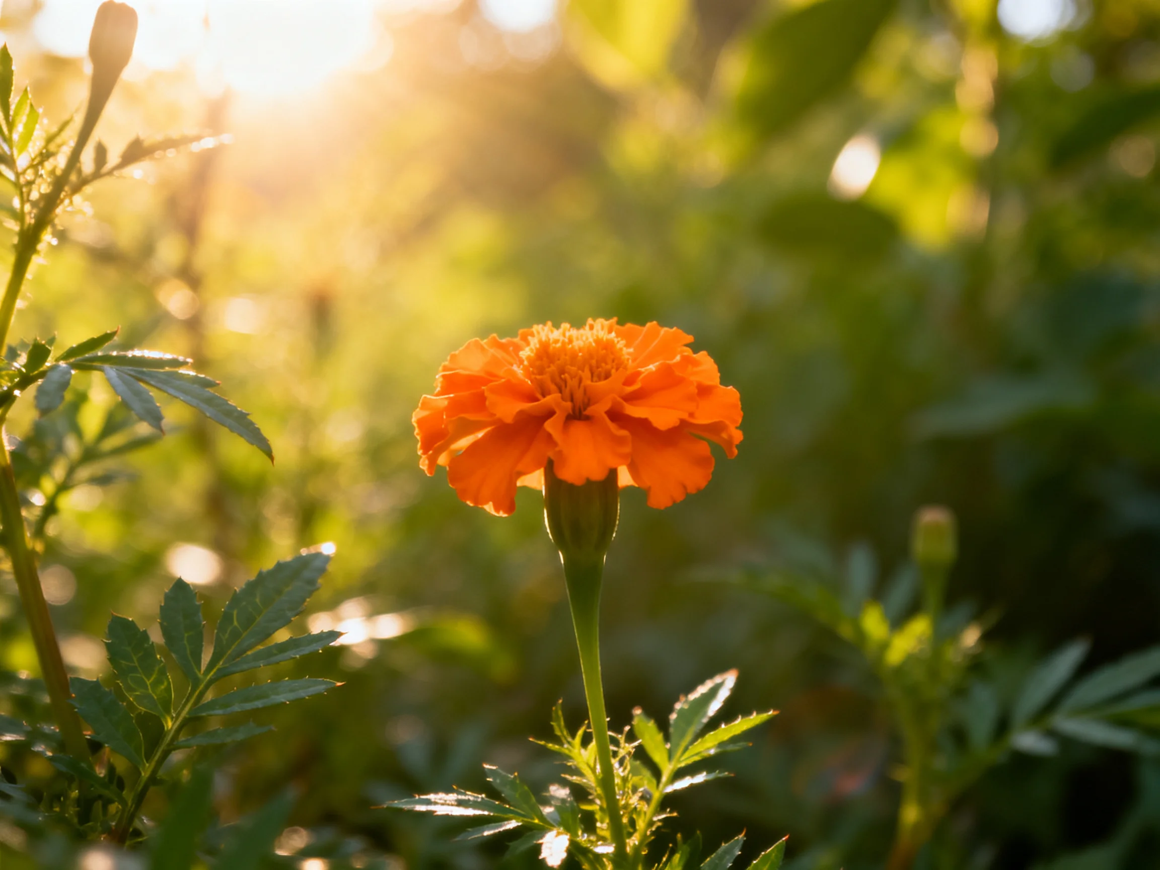 A bright orange marigold blooms among lush green foliage under golden sunlight