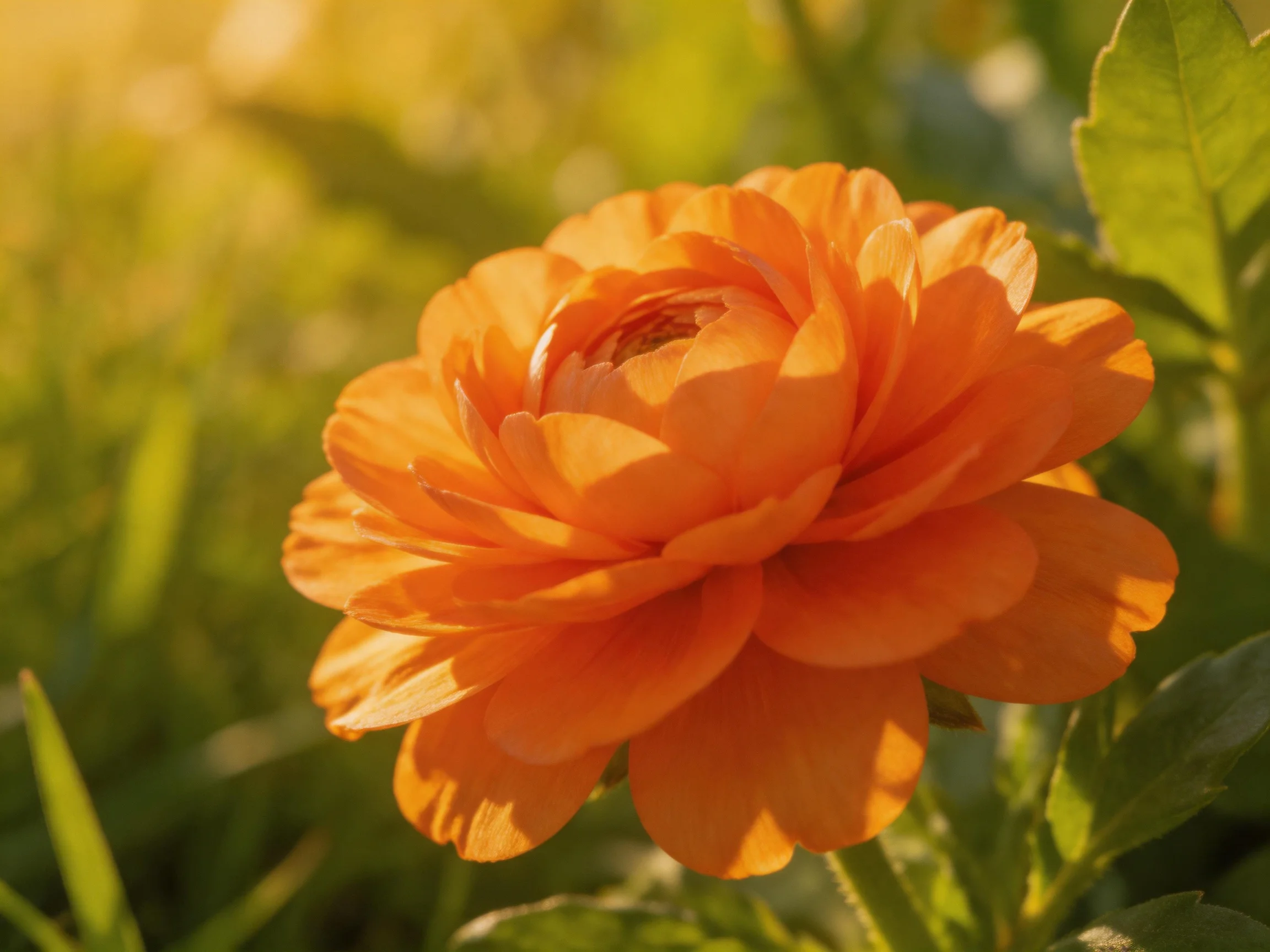 A bright orange ranunculus flower with layered petals in a sunlit garden