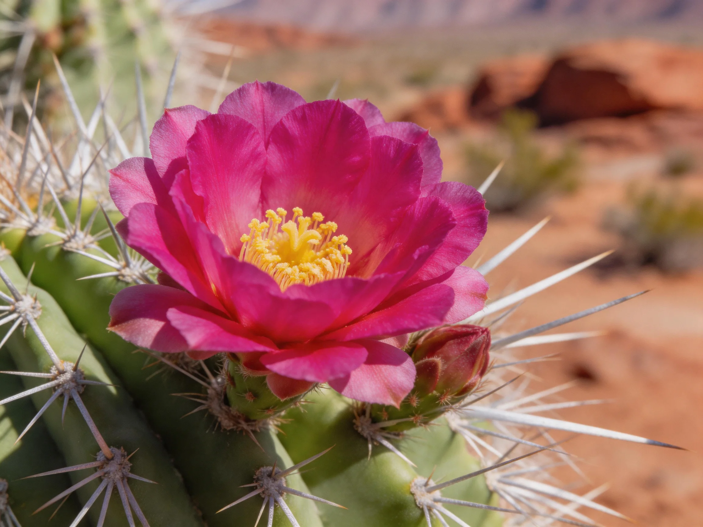 A bright pink cactus flower blooms among spiny green pads