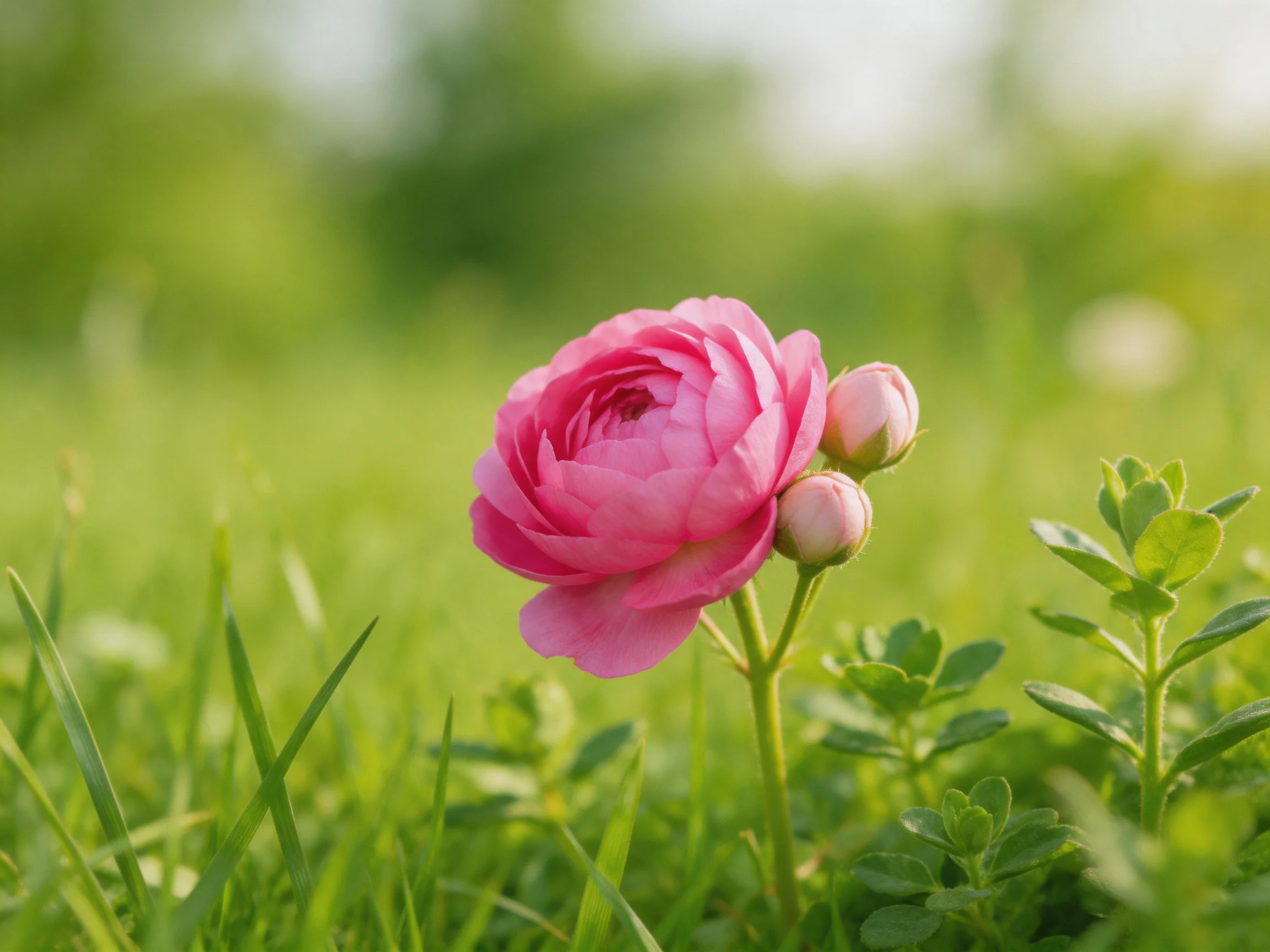 A bright pink flower blooms amid verdant grass with unopened buds
