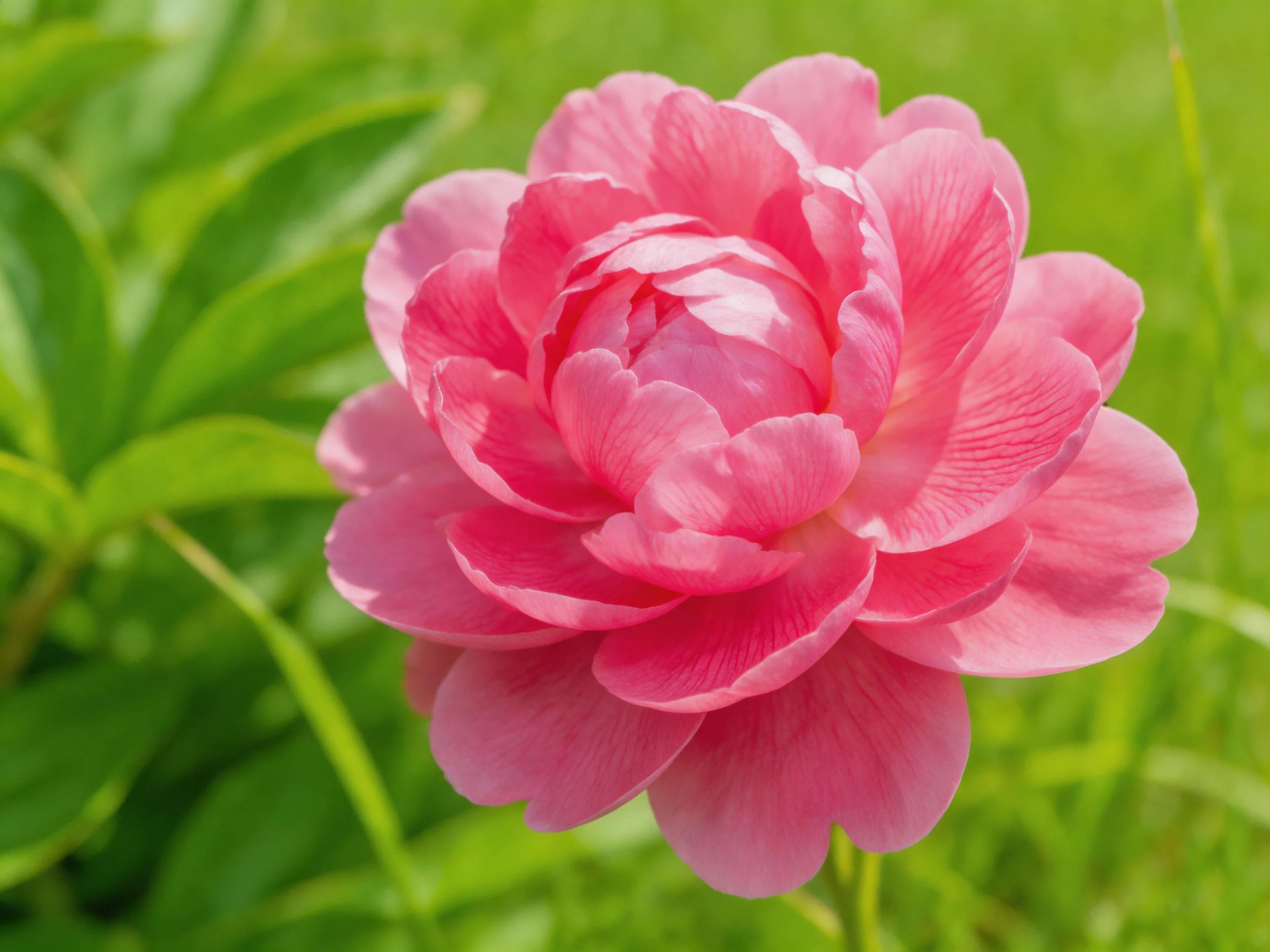 A bright pink peony with layered petals surrounded by green foliage