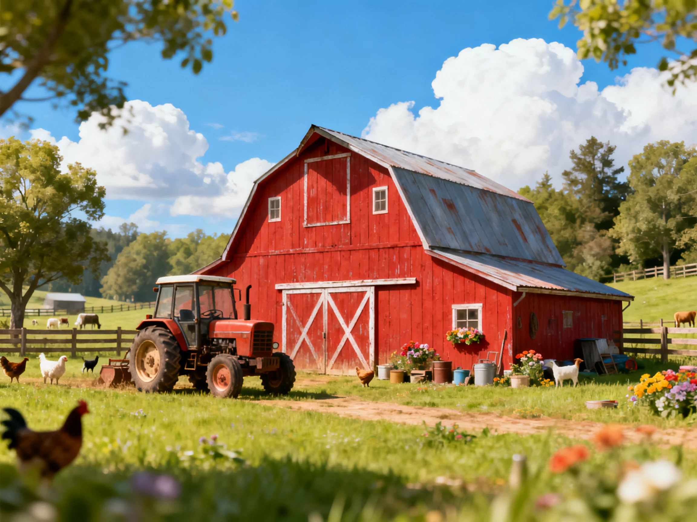 A bright red barn, tractor, and farm animals in a sunny countryside scene